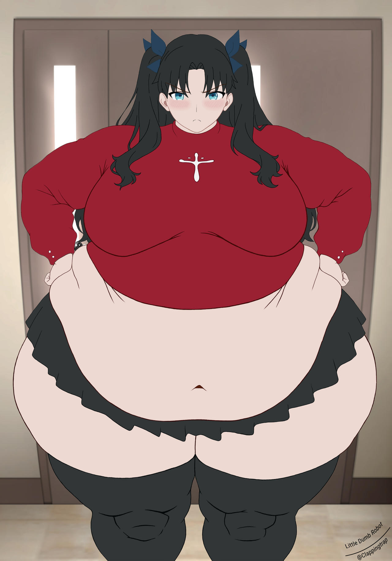 1girls, bbw, blush, clappingtrap, fat, fat female, fat thighs, fate (series), female, female only, gigantic hips, huge hips, human, overweight, overweight female, solo, solo female, standing, tohsaka rin, weight gain, wide hips