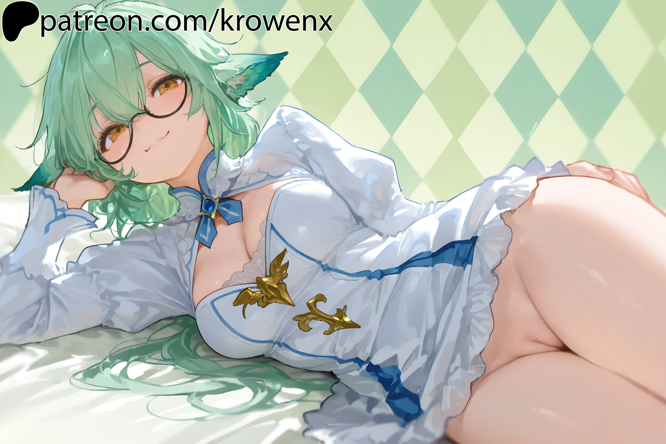 1girls, ai generated, bottomless, breasts, closed mouth, female, female focus, female only, genshin impact, glasses, green hair, krowenx, looking at viewer, lying, lying on side, no panties, on side, orange eyes, pussy, smile, solo, solo female, solo focus, sucrose (genshin impact), thighs, uncensored