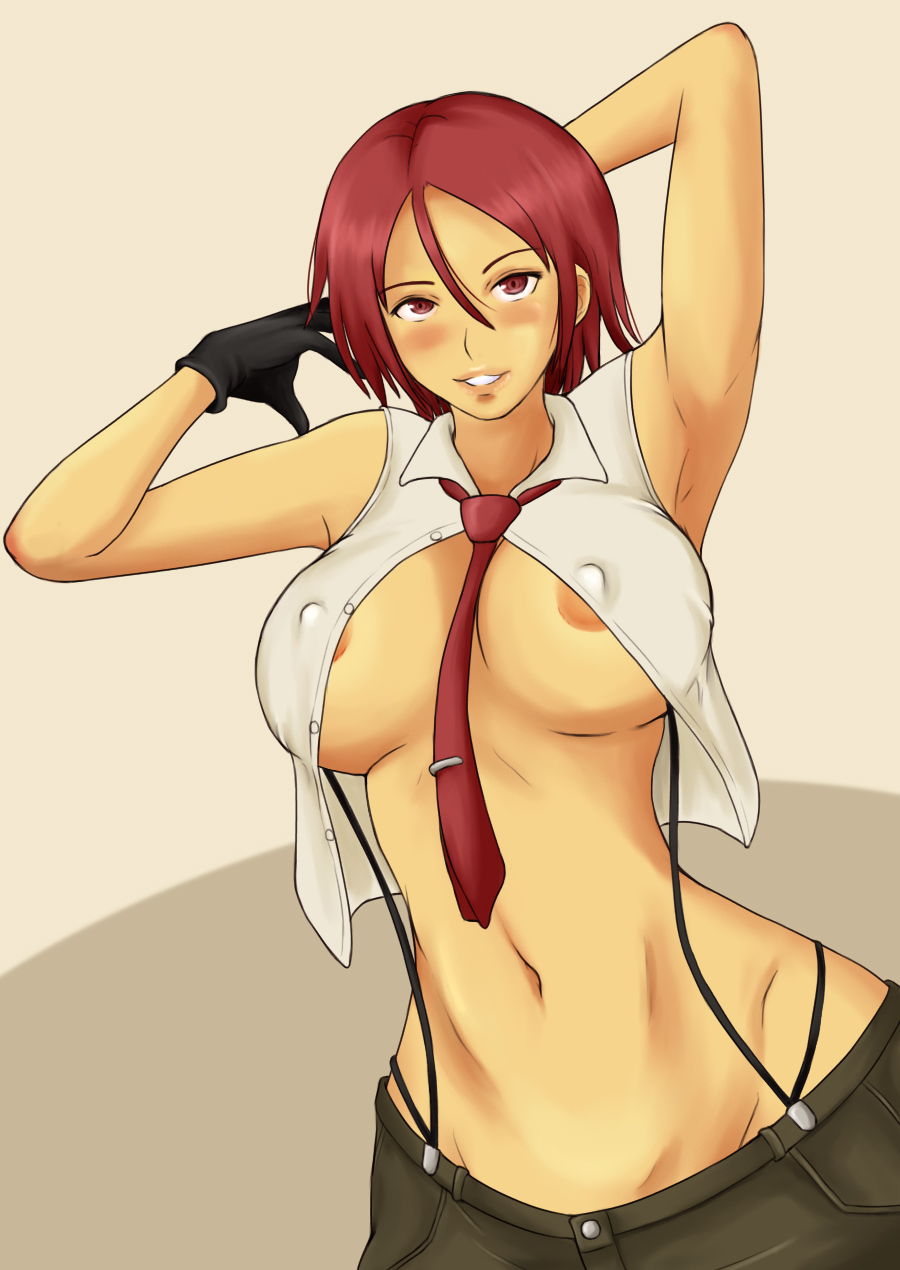 blush breasts erect_nipples female female_only human king_of_fighters mamo navel necktie necktie_between_breasts open_clothes open_shirt pants red_hair short_hair snk solo suspenders vanessa_(kof)