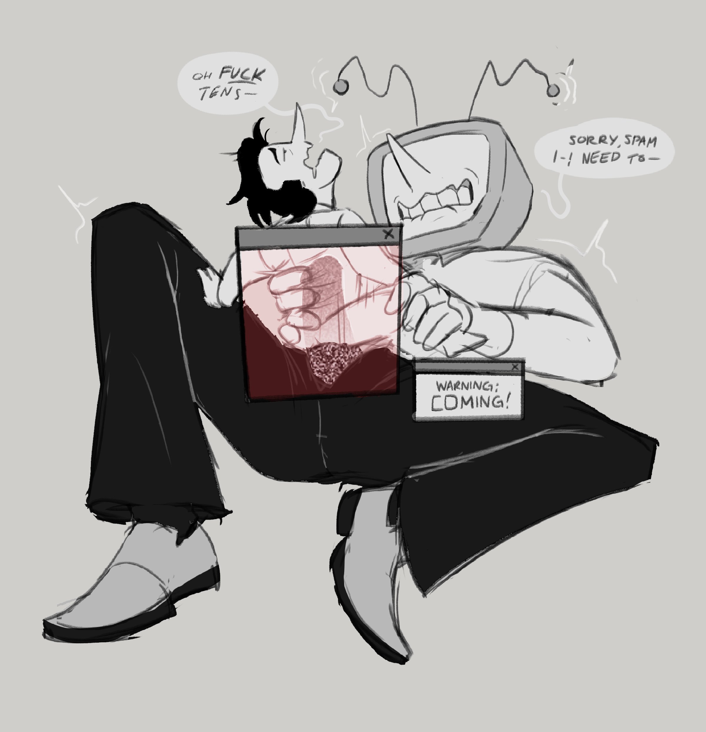 ambiguous penetration, business suit, cowgirl position, deltarune, deltarune chapter 3, english dialogue, english text, fully clothed, gay, gay sex, hand on waist, male, male only, male/male, on lap, only foes, passionate, passionate sex, size difference, smaller penetrated, spamton g spamton, tenna (deltarune), x-ray, yaoi