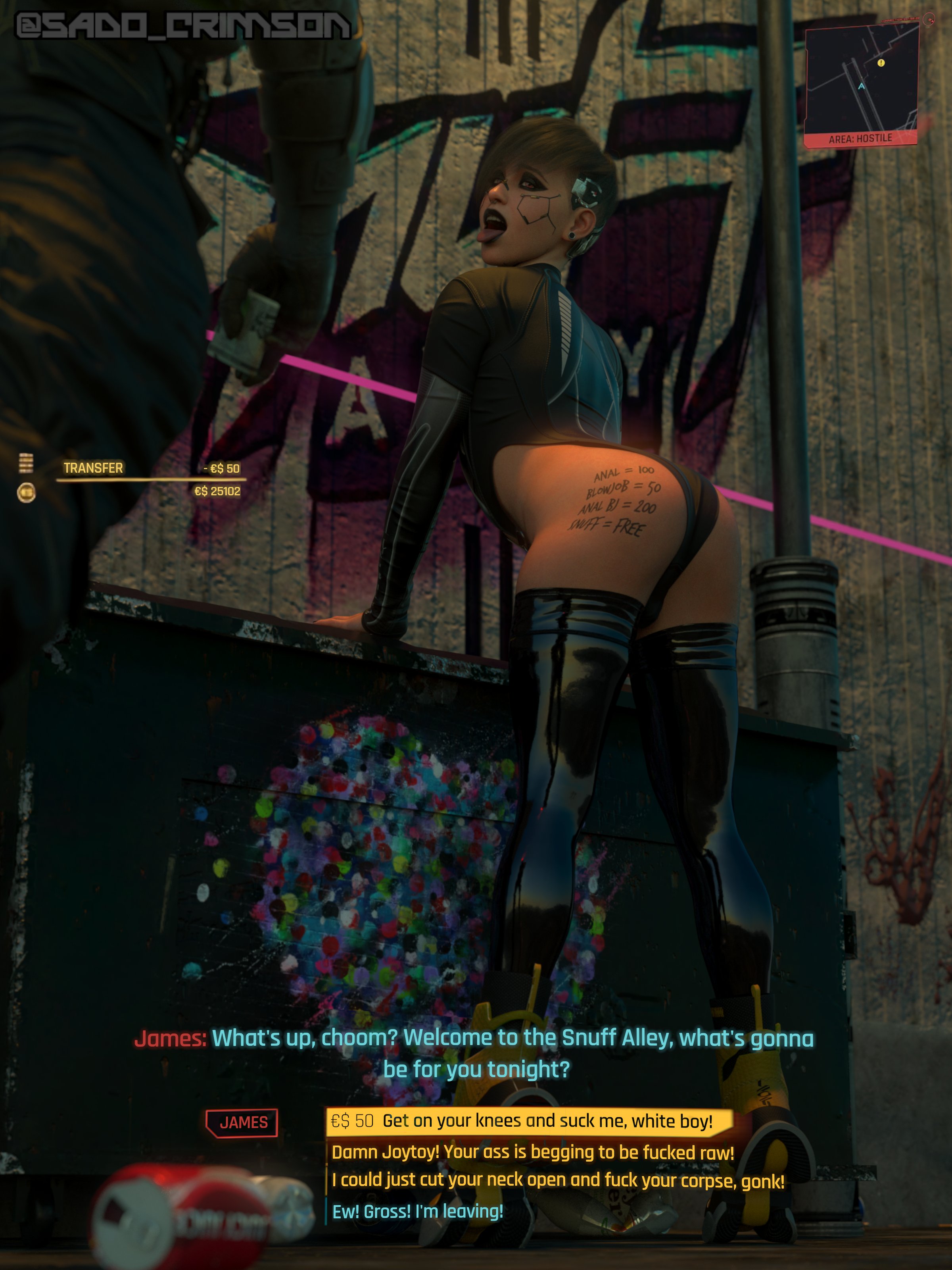 3d, ass, ass focus, back view, black hair, crossdressing, cyberpunk (series), cyberpunk 2077, dialogue, femboy, implants, latex stockings, legwear, mac (sadocrimson3d), makeup, male, male only, money, prostitution, sadocrimson3d, short hair, sissy, stockings, text, text on body, tight clothing, tongue out, trash can