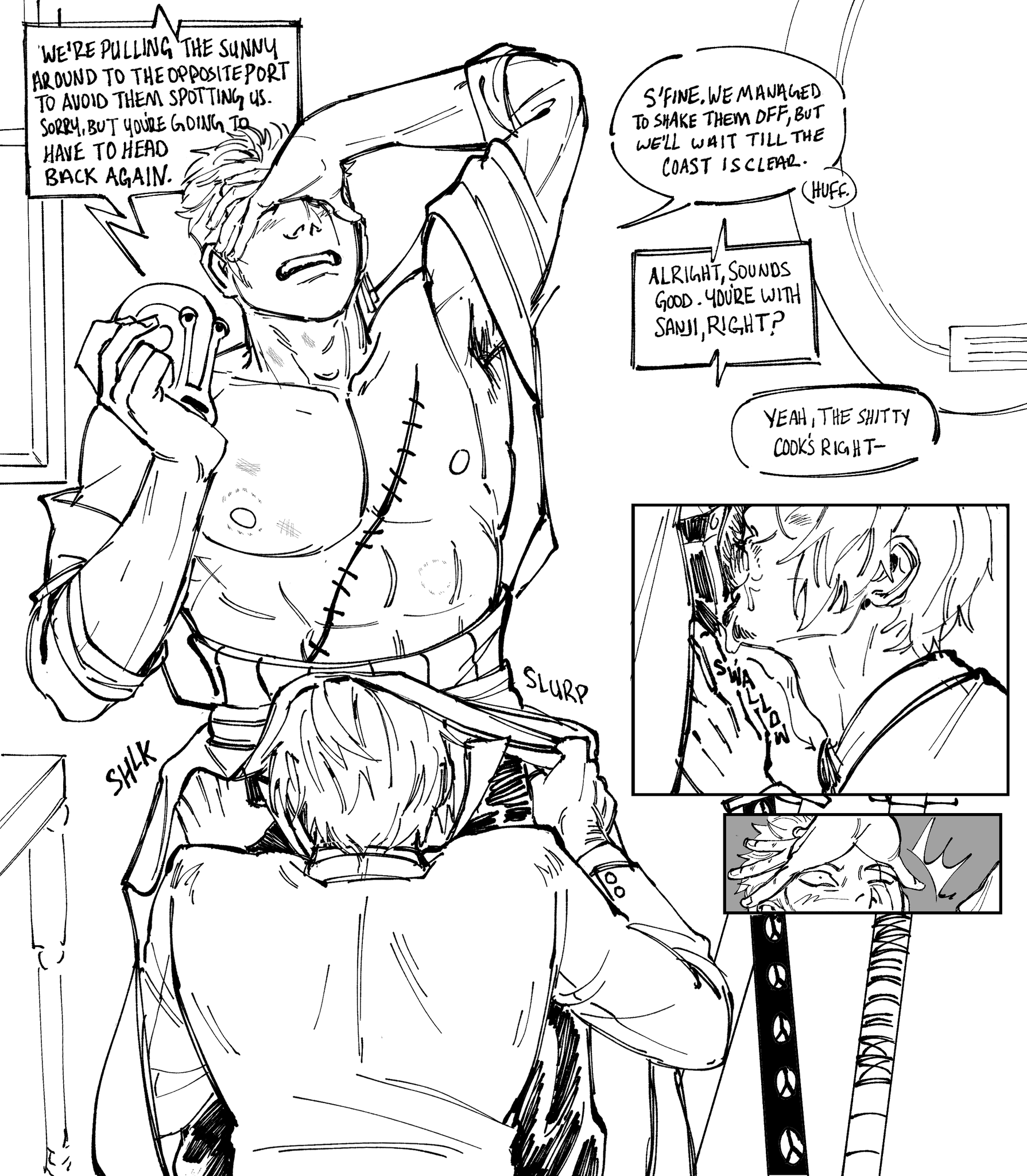 2boys, 2d, 2d (artwork), 2d artwork, 2male, 2man, 2men, abs, bite, bite mark, bite mark on nipple, blowjob, blush, blush lines, blushing, blushing male, chest scar, clothed, clothing, comic, comic page, deepthroat, dressed, drool, drool on face, drooling, earrings, eye scar, facial hair, fellatio, fully clothed, fully clothed male, fully dressed, gay, gay blowjob, gay male, gay sex, grayscale, homo, homoerotic, homosexual, homosexual male, homosexual sex, male, male only, mini comic, muscular, muscular male, one piece, onomatopoeia, oral, oral penetration, oral sex, page 1, page number, pubic hair, roronoa zoro, saliva, saliva drip, saliva trail, sanji, sanji (one piece), short hair, sinkurteeth, swallowing, swallowing penis while deepthroat, uncolored, vinsmoke sanji, zoro (one piece)
