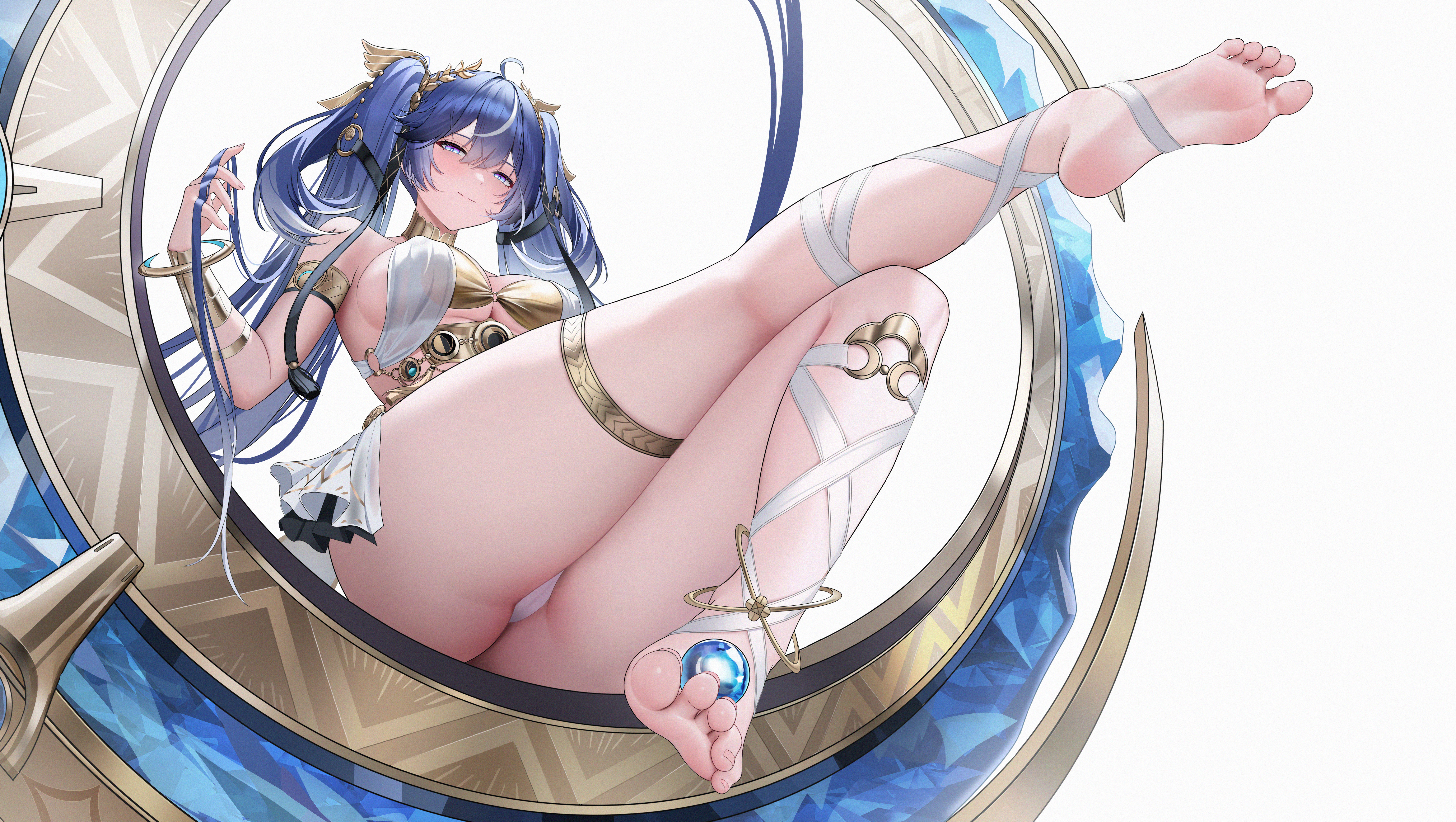 absurdres, ahoge, alternate breast size, armlet, ass, bare shoulders, barefoot, black skirt, blue eyes, blue hair, blush, breasts, cleavage, closed mouth, commentary, feet, female, film grain, from below, gold bra, hair belt, hair between eyes, hand up, head wreath, highres, iuno (wuthering waves), jewelry, large breasts, leg wrap, long hair, looking at viewer, looking down, miniskirt, multicolored hair, orb, outstretched leg, sitting, skirt, smile, soles, solo, streaked hair, thighlet, thighs, toenails, toes, top tank, twintails, very long hair, wuthering waves