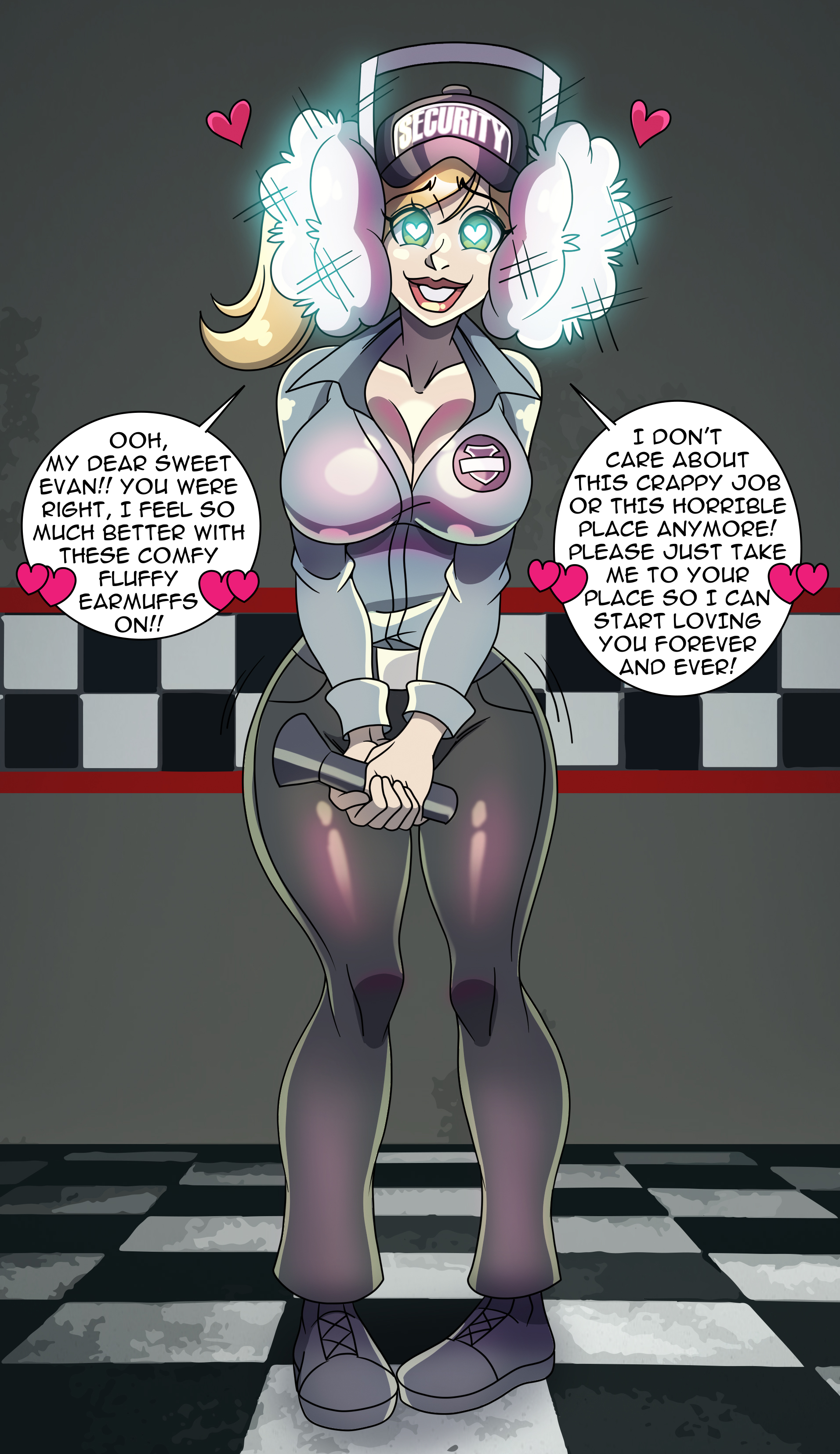 absurdres, big breasts, blonde hair, breasts, cleavage, clothed, collarbone, dialogue, earmuffs, english text, female, female only, femsub, five nights at freddy's, five nights at freddy's: security breach, glowing, glowing eyes, happy trance, hat, heart, heart eyes, heart-shaped pupils, hearts around head, huge breasts, hypnosis, hypnotic accessory, hypnotic eyes, large breasts, large hips, long hair, looking at viewer, love, pants, ponytail, shirt, shoes, smile, solo, speech bubble, standing, symbol in eyes, tagme, text, vanessa (fnaf), zorro-zero
