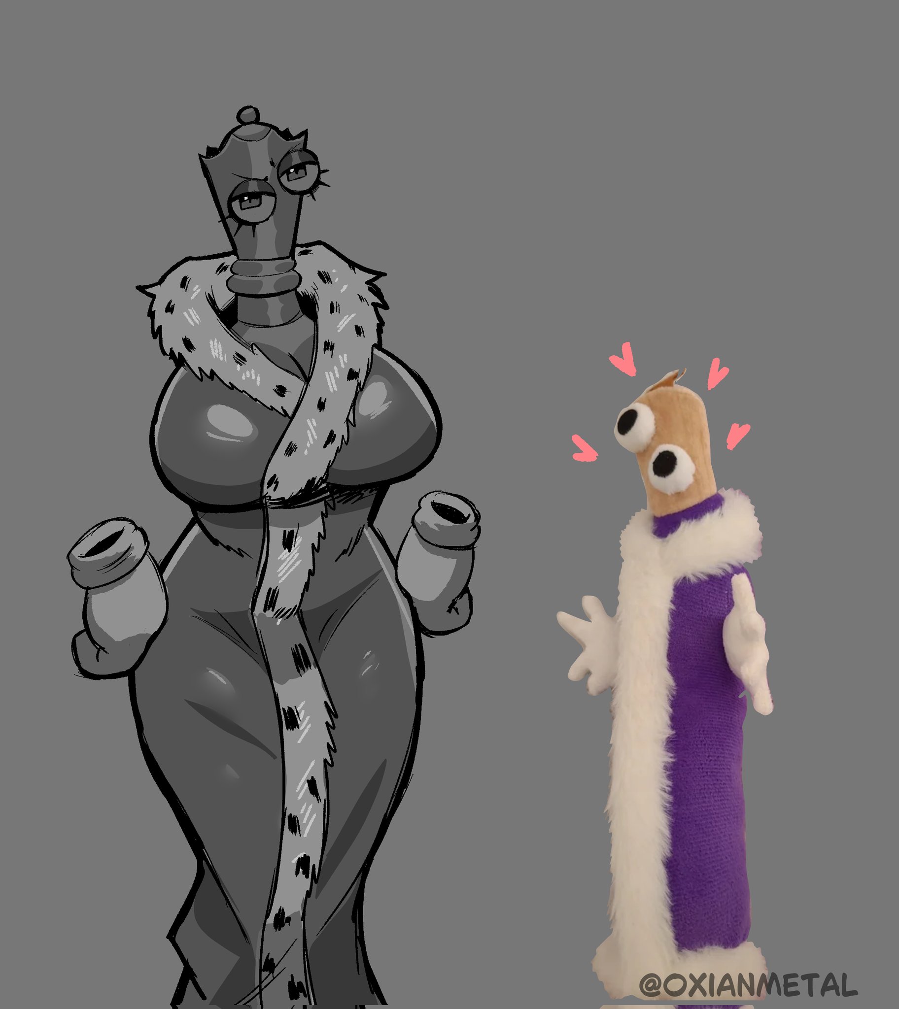 1boy, 1girls, breasts, canon couple, clothing, curvy figure, eyelashes, gloves, greyscale, heart-shaped pupils, kinger (the amazing digital circus), mixed media, path (kamikazelrp), queenie (the amazing digital circus), simple background, the amazing digital circus