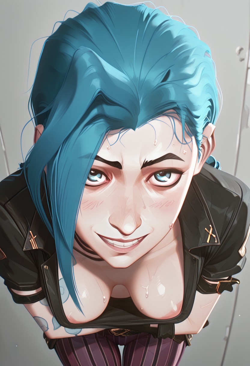 ai, ai generated, arcane, arcane jinx, areola slip, blue eyes, blue hair, blush, breasts, cleavage, close-up, cute, downblouse, face focus, female, hanging breasts, jacket, jinx (arcane), jinx (league of legends), league of legends, looking at viewer, miaau, nipple slip, open shirt, presenting breasts, presenting cleavage, small breasts, smile, smiling, sweat, tattoo, visible nipples, yodayo