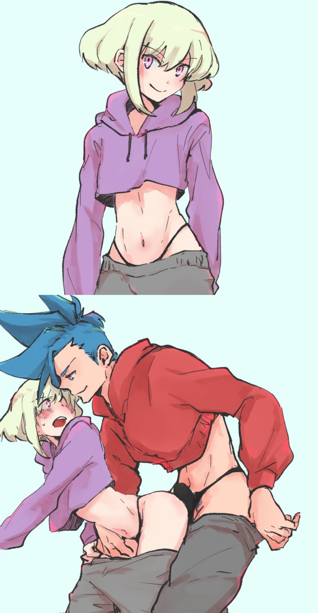 2boys, androgynous, aus vaka, blush, blush stickers, bob cut, clothed, clothing, dry humping, embarrassed, erection, femboy, galo thymos, gay, gay male, gay sex, hoodie, lio fotia, male, midriff, petite, petite body, petite male, promare, short hair, shy, size difference, twink, yaoi