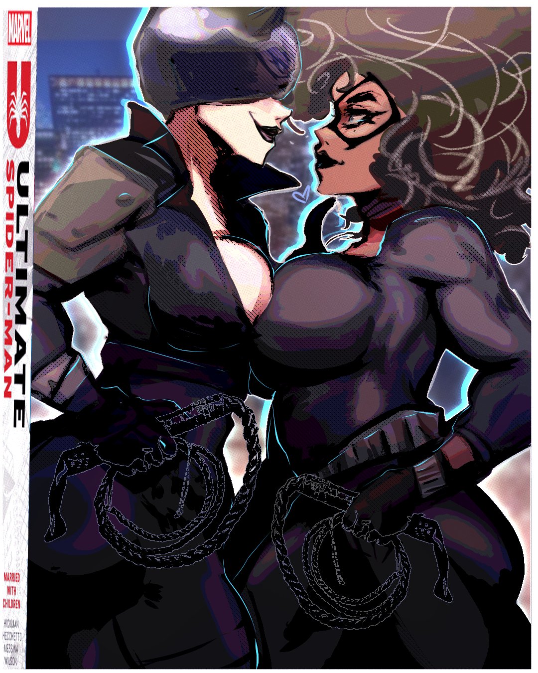 2025, 2girls, absolute catwoman, absolute dc, batman (series), big breasts, black cat (marvel), black cat (ultimate 2024), bodysuit, breasts, catwoman, dark skin, dark-skinned female, dc, dc comics, felicia hardy, female, female focus, female only, height difference, helmet, large boobs, large breasts, light skin, light-skinned female, looking at each other, marvel, marvel comics, selina kyle, shorter female, skin tight, spider-man (series), taller female, taller woman, theeviltwin, thieves, tight clothes, tight clothing, ultimate marvel (2024), ultimate spider-man (2024), whitewashed