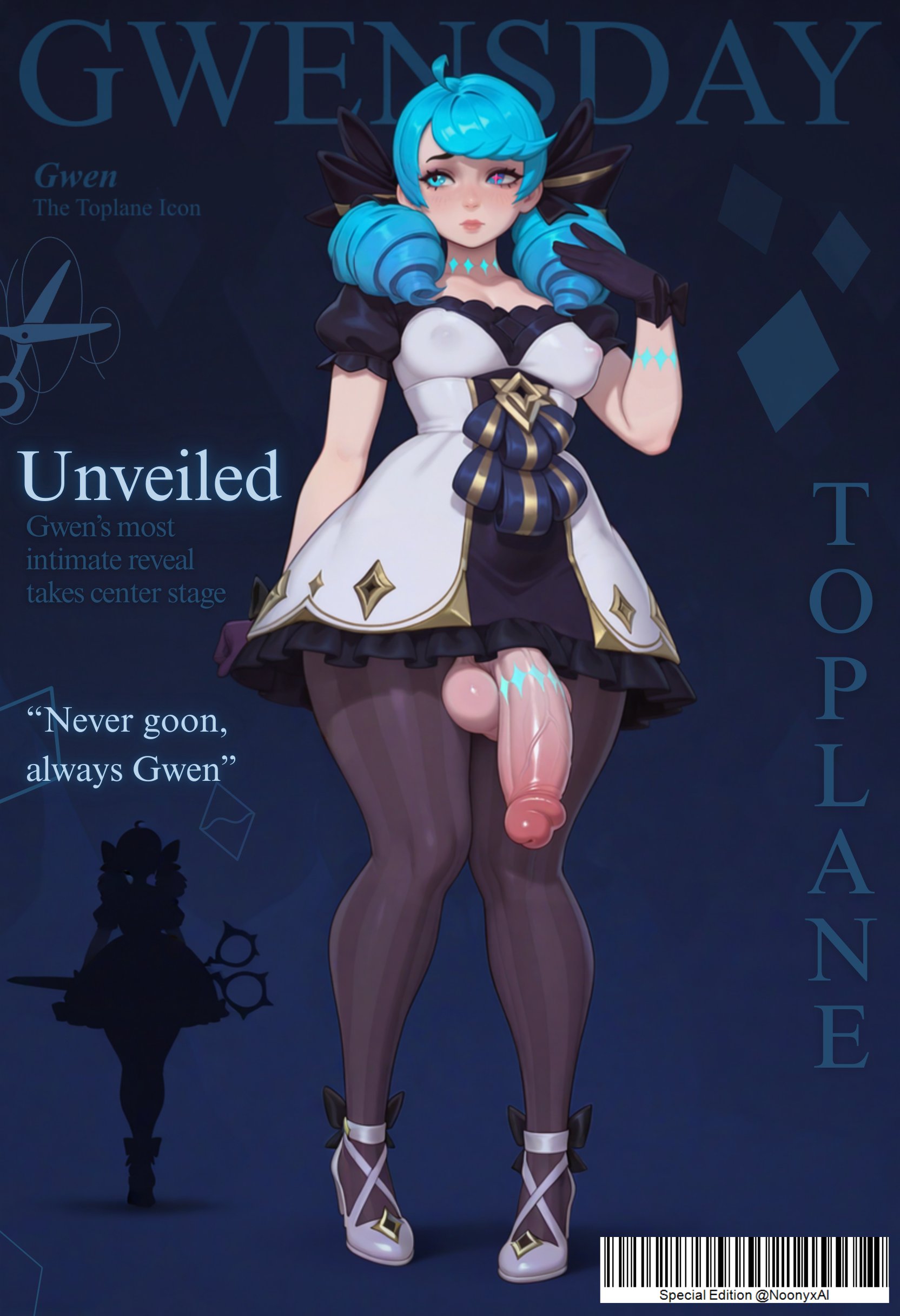 1futa, 2025, ahoge, ai generated, areola bulge, areolae, areolae visible through clothing, balls, big balls, big breasts, big penis, blue eyes, blue hair, blush, breasts, casual, casual exposure, casual nudity, flaccid, flaccid penis, futa only, futanari, gwen (league of legends), gwensday, hair ornament, horny, horny futa, huge balls, huge cock, hung futa, intersex, league of legends, looking away, nipple bulge, noonyx, pantyhose, penis, penis tattoo, tattoo, text, thick thighs, twintails, veiny penis