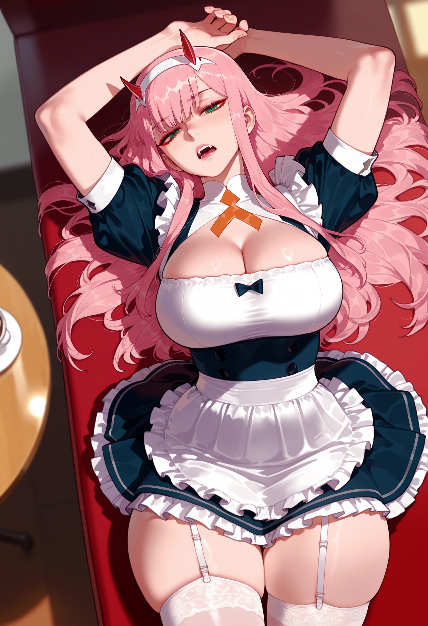 1girls, ai generated, alternate costume, apron, aqua eyes, arms up, balecxi, bangs, black dress, black garter straps, blunt bangs, blush, breasts, cleavage, cleavage cutout, clothing, clothing cutout, couch, curvaceous, curvaceous female, curvaceous figure, curvy, curvy figure, darling in the franxx, dress, enmaided, eyeshadow, fangs, female, female focus, female only, frilled apron, frilled dress, frilled skirt, frills, garter straps, green eyes, hairband, headdress, headwear, horns, indoors, inviting, large breasts, legwear, long hair, looking at viewer, lying, maid, maid apron, maid headdress, maid uniform, on back, on couch, on table, open mouth, pink hair, presenting, presenting ass, presenting breasts, presenting hindquarters, presenting self, puffy short sleeves, puffy sleeves, red horns, seductive, seductive look, seductive smile, short dress, short sleeves, sidelocks, skindentation, solo, teeth, thick thighs, thigh gap, thighhighs, thighs, uniform, voluptuous, voluptuous female, waist apron, white apron, white hairband, white legwear, white thighhighs, zero two (darling in the franxx), zettai ryouiki
