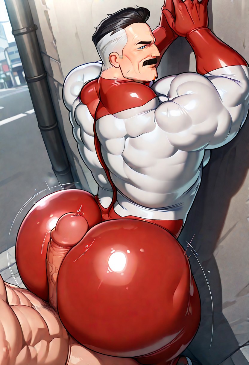 ai generated, ass, bara, big ass, big ass (male), big butt, big butt (male), bodysuit, bubble butt, bubble butt (male), buttjob, buttjob over clothes, daddy, dudebooty17, gay, huge ass, invincible, invincible (tv series), male, male only, male/male, mark grayson, nolan grayson, omni-man, smirking, viltrumite, yaoi