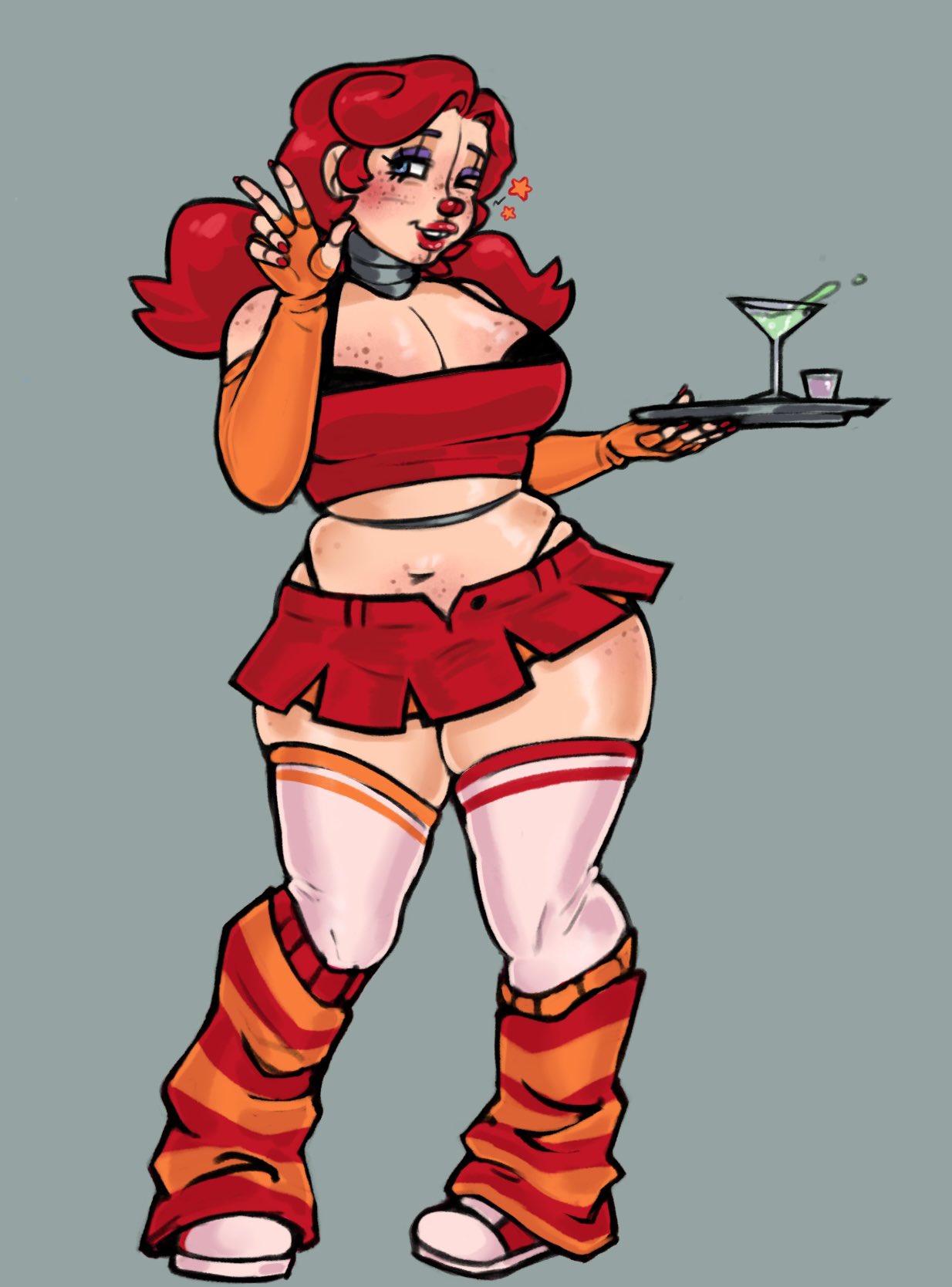 1girls, 2d (artwork), 2d artwork, alcohol, animatronic, animatronic female, arm warmers, bandeau, blue eyes, bra, circus baby, circus baby (fnaf), clown, clown girl, exposed bra, five nights at freddy's, fnaf, freckles, freckles on breasts, freckles on shoulders, leg warmers, legwear, miniskirt, peace sign, peachrot, pinup, purple eyeshadow, robot, robot girl, so87baby, solo, striped legwear, summer of 87 baby, thighhighs, tubetop, twintails, wink