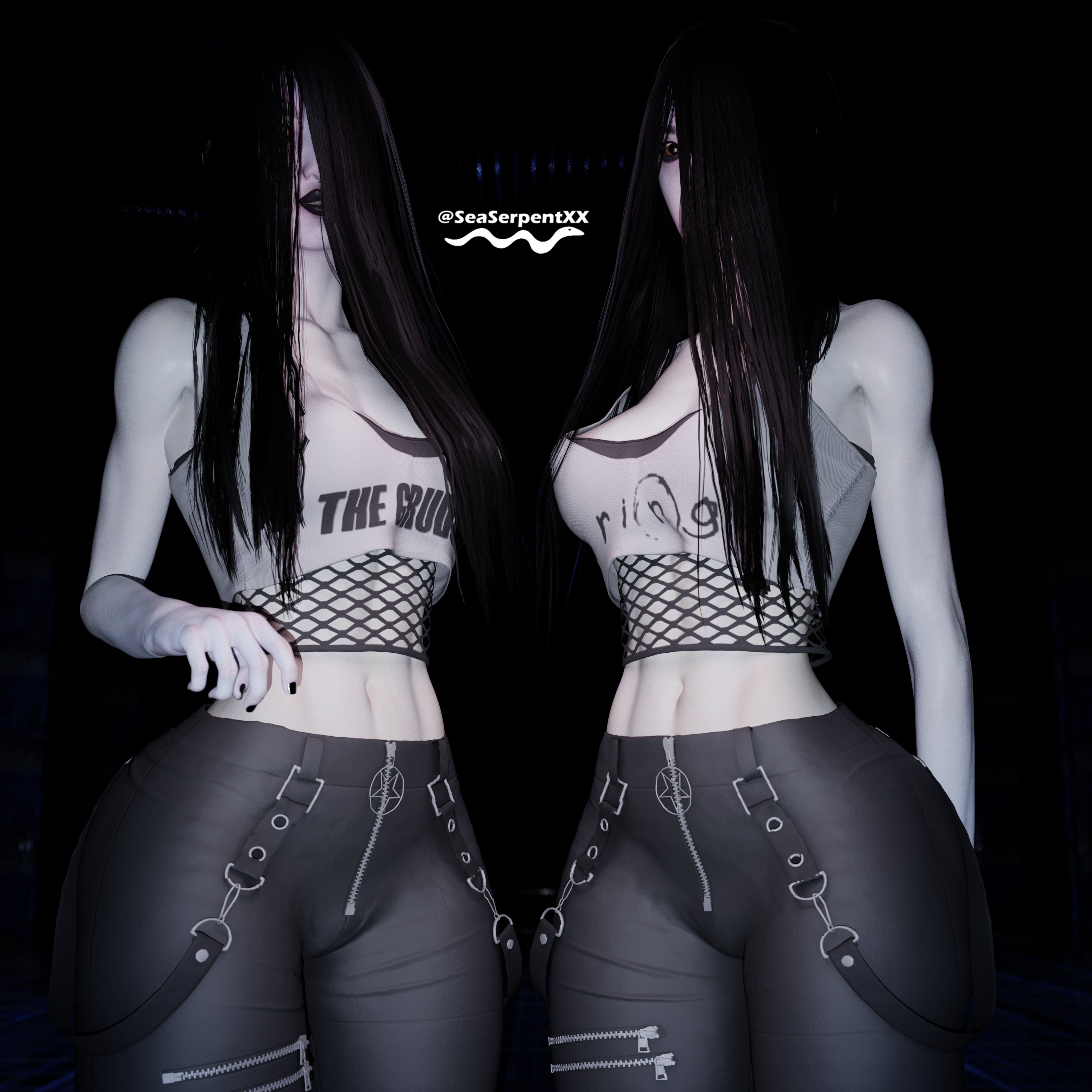 2girls, 3d, black hair, black lipstick, crossover, dbd, dead by daylight, female, fully clothed, ghost girl, goth girl, kayako saeki, onryo, pale skin, pale-skinned female, sadako yamamura, saeki kayako, seaserpentxx, the grudge, the ring, yamamura sadako