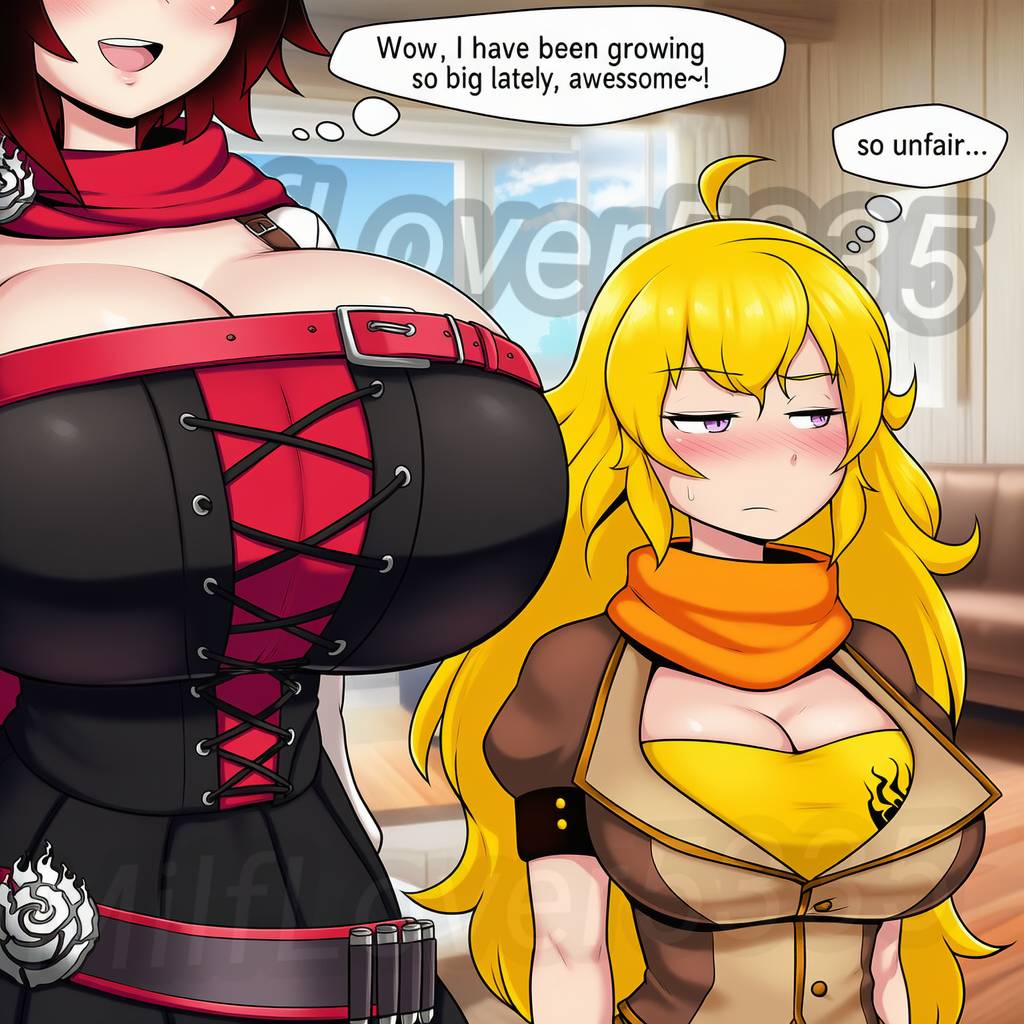 2girls, ai generated, big breasts, bigger female, blonde female, blonde hair, blonde-haired female, breast envy, breasts, female, female focus, female only, giantess, half-sisters, happy, happy female, height difference, huge breasts, jealous, jealous female, jealousy, large female, larger female, light skin, light-skinned female, milflover5335, mini giantess, multiple females, multiple girls, red hair, red hair female, redhead female, ruby rose, rwby, shorter female, sisters, size difference, smaller female, yang xiao long