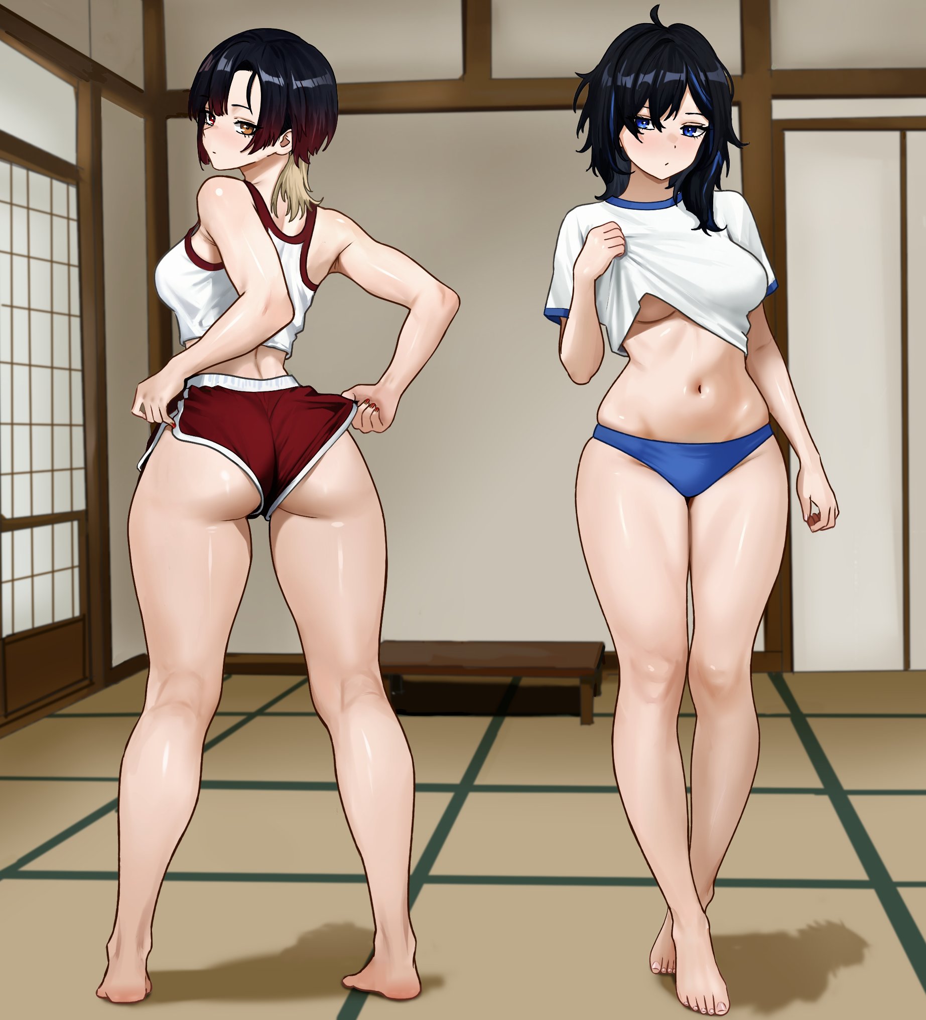 2girls, barefoot, belly button, blue eyes, feet, female, female only, legs, looking at viewer, looking back, navel, nihu, no pants, panties, shorts, thick thighs, thighs, thin waist, toes, wide hips