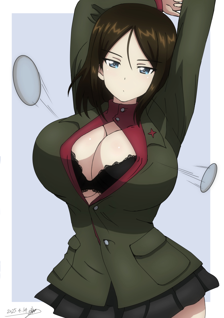 1girls, big breasts, black bra, black skirt, blue eyes, bra, breasts, breasts bigger than head, brown hair, bursting breasts, button pop, cleavage, curvy, exposed breasts, female, female only, gigantic breasts, girls und panzer, green shirt, green uniform, grey background, massive breasts, medium hair, nonna (girls und panzer), popped button, school uniform, schoolgirl, torn clothes, voluptuous, white skin