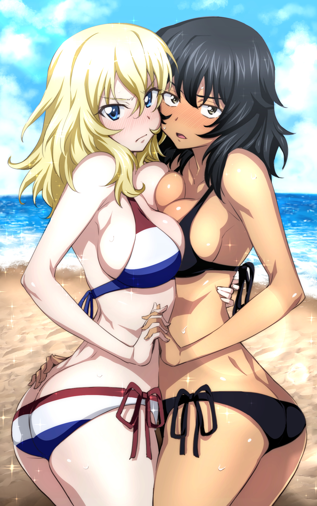 2girls, andou (girls und panzer), ass, beach, big breasts, bikini, black bikini, blonde hair, blue eyes, blush, breasts, breasts squeezed together, breasts to breasts, brown eyes, brown hair, chocolate and vanilla, female, female only, french bikini, girls und panzer, holding hands, multiple females, multiple girls, nakahira guy, ocean, oshida (girls und panzer), sandwiched, schoolgirl, smushed, sunny, tanned skin, thick thighs, touching breast, white skin