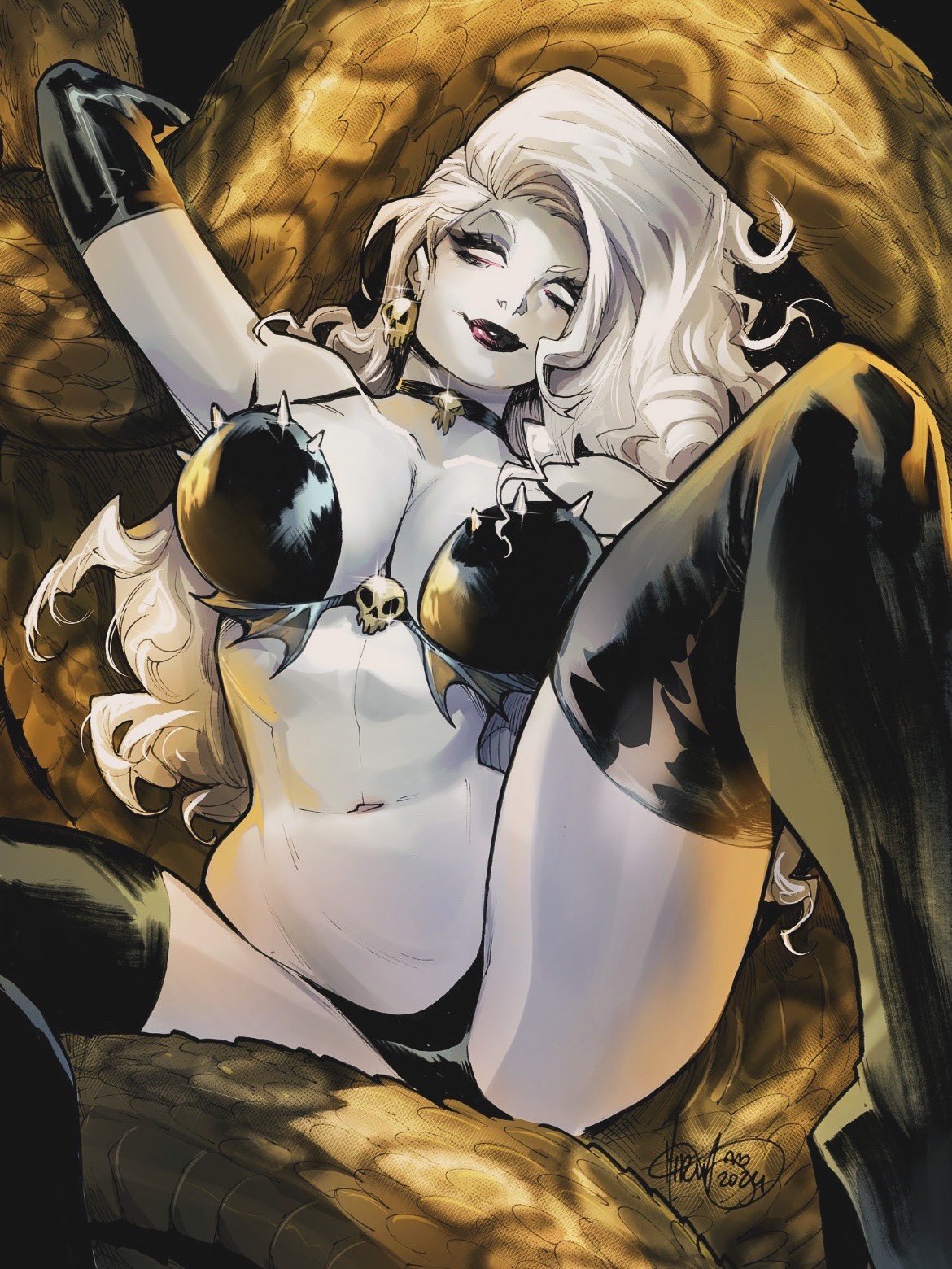 1girls, armor, bikini, bikini armor, boots, breasts, cleavage, coffin comics, dragon, earrings, female, full lips, lady death, lipstick, looking at viewer, mirka andolfo, pale skin, pale-skinned female, panties, parted lips, scales, skull, skull earrings, skull necklace, solo, spread legs, tagme, thong, white hair