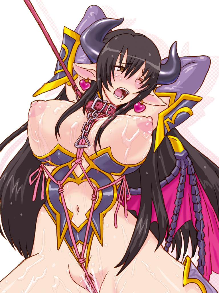 1girls arms_up astaroth_(cosplay) astaroth_(shinrabanshou) bat_wings black_hair blush bondage bra breasts brown_eyes censored clothing collar cosplay cum cum_on_body cum_on_breasts cum_on_upper_body cupless_bra demon_girl demon_horns earrings elbow_gloves female genshiken gloves huge_breasts jewelry large_breasts leash long_hair mole mole_under_eye mole_under_mouth navel nipples oono_kanako open_mouth pointless_censoring pointy_ears puffy_nipples pussy shinrabanshou solo solo_female solo_focus sweat underwear white_background wince wings zero_hime