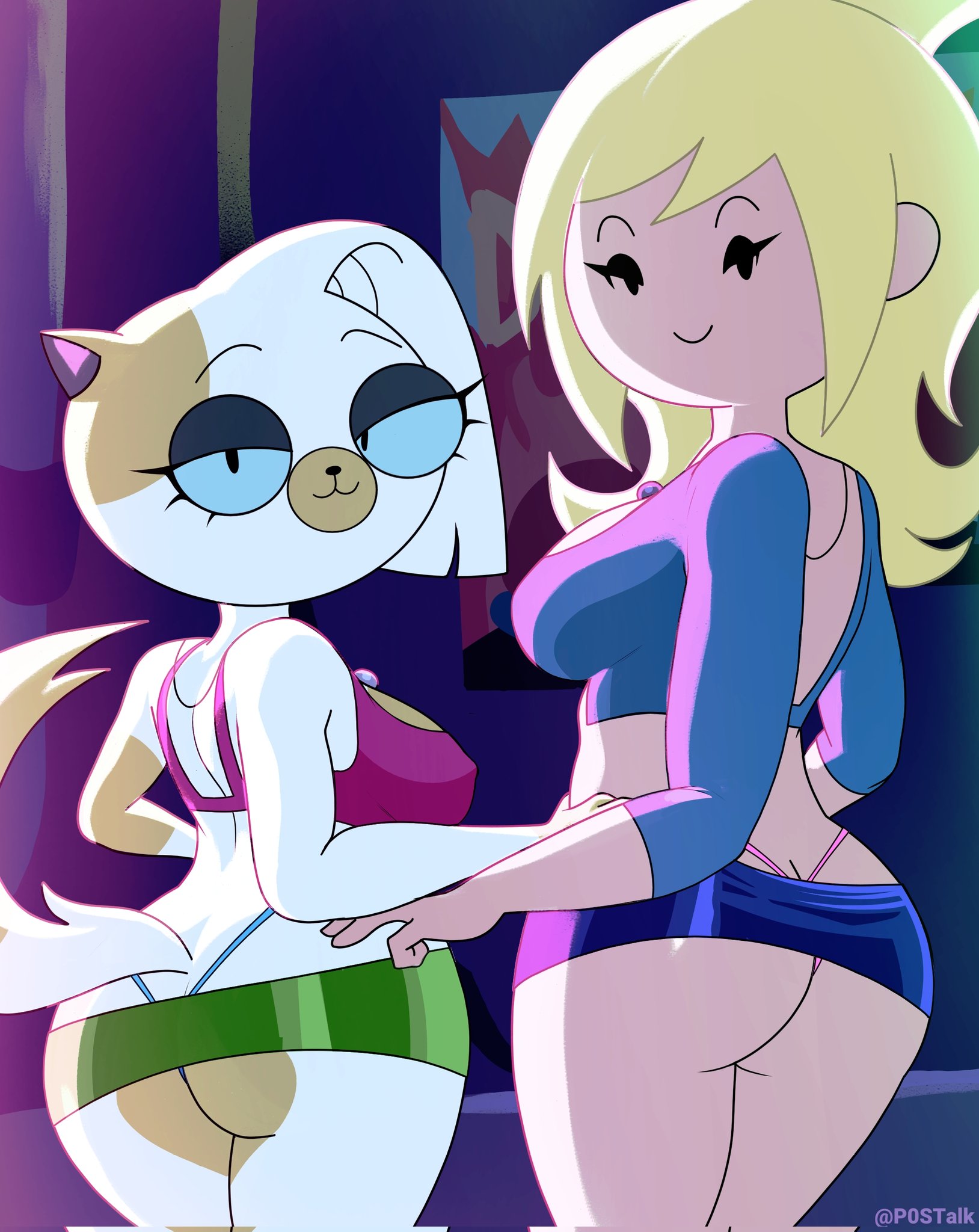 2d, 2d (artwork), 2girls, absurd res, accessory, adventure time, adventure time: fionna & cake, alternate version available, anthro, anthro female, artist logo, artist name, athletic, athletic anthro, athletic female, back view, bedroom eyes, behind view, black eyes, black nose, blonde female, blonde hair, blonde-haired female, blue eyeshadow, breasts, busty, busty female, cake the cat, cake the cat (club outfit), cartoon network, cat ears, cat girl, cat humanoid, catgirl, clothes, clothing, curvaceous, curvy, curvy body, curvy female, curvy figure, digital drawing (artwork), digital media (artwork), duo, eyebrows, eyebrows raised, eyelashes, eyeshadow, felid, felid humanoid, feline, feline humanoid, felis, female, female only, fionna and cake, fionna campbell (club outfit), fionna the human girl, fit, fit female, fur, furry, furry ass, furry breasts, furry ears, furry female, furry tail, half-closed eyes, hbo max, hips, hourglass figure, human, humanoid, jewelry, light skin, light-skinned female, long hair, long tail, looking at viewer, looking back, looking back at viewer, makeup, mammal, mammal humanoid, mascara, medium hair, mob face, narrowed eyes, necklace, neckwear, p0stalk, pale skin, pale-skinned female, pose, posing, raised eyebrows, rear view, seductive, seductive eyes, seductive look, seductive pose, seductive smile, sexy, sexy body, sexy pose, sideboob, slim waist, smile, smiling, smiling at viewer, smooth skin, tail, tail tuft, tied hair, two-tone body, two-tone fur, voluptuous, voluptuous female, watermark, white body, white fur, wide hips