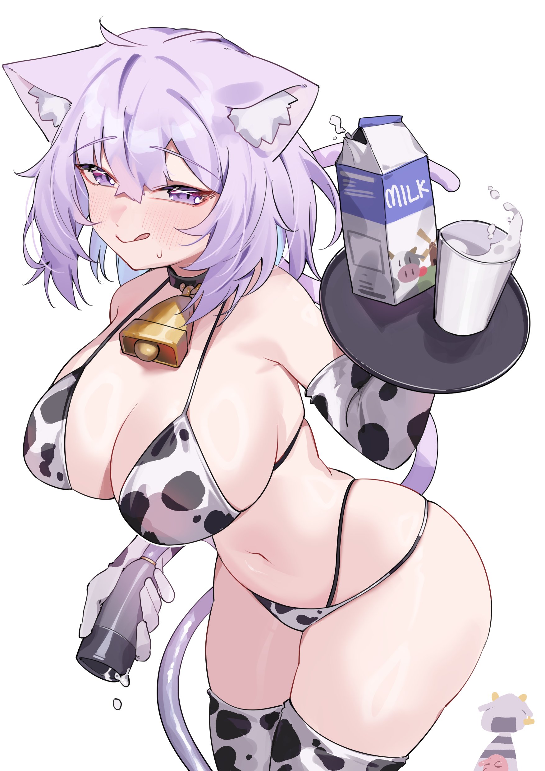 breasts, cat girl, cow print, cow print bikini, cup, female, hololive, hololive gamers, hololive japan, hose, huge breasts, licking lips, milk, milk carton, nekomata okayu, serving tray, thick thighs, virtual youtuber, wide hips