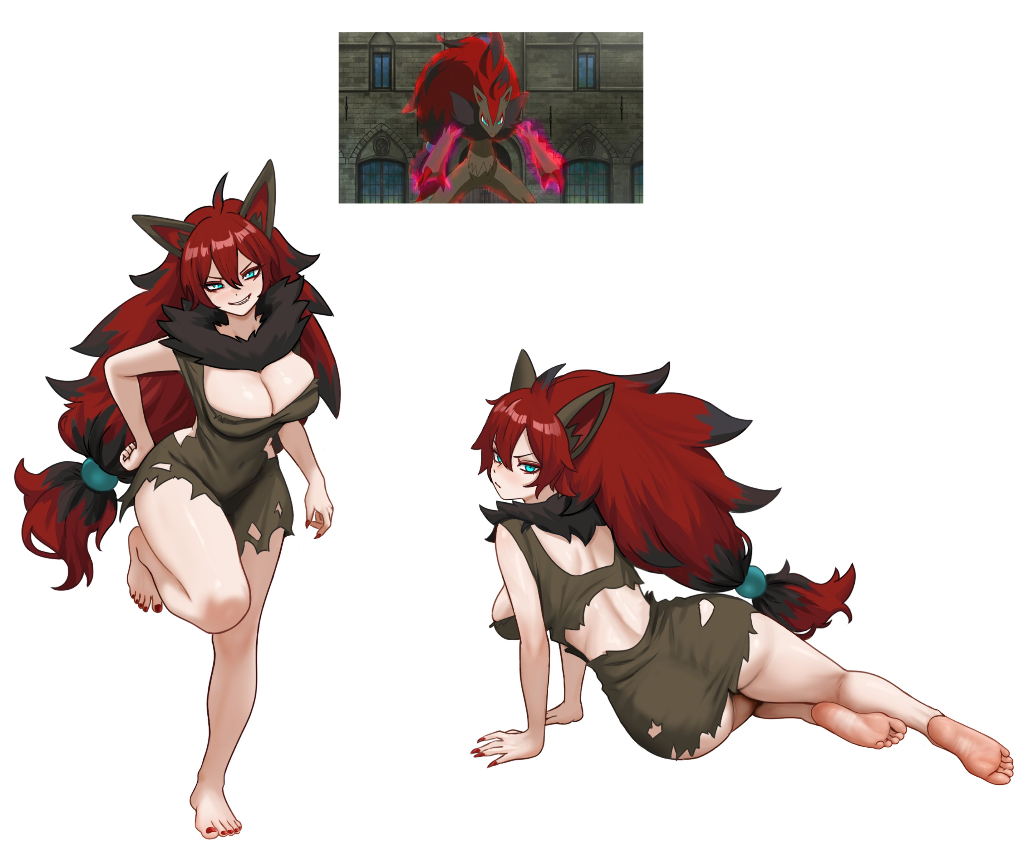 1female, 1girls, animal ears, ass, barefoot, big ass, big ass (female), big breasts, big butt, big butt (female), blue eyes, breasts, feet, female, female only, looking at viewer, nihu, painted toenails, pokemon, red hair, soles, thick thighs, thighs, toes, zoroark