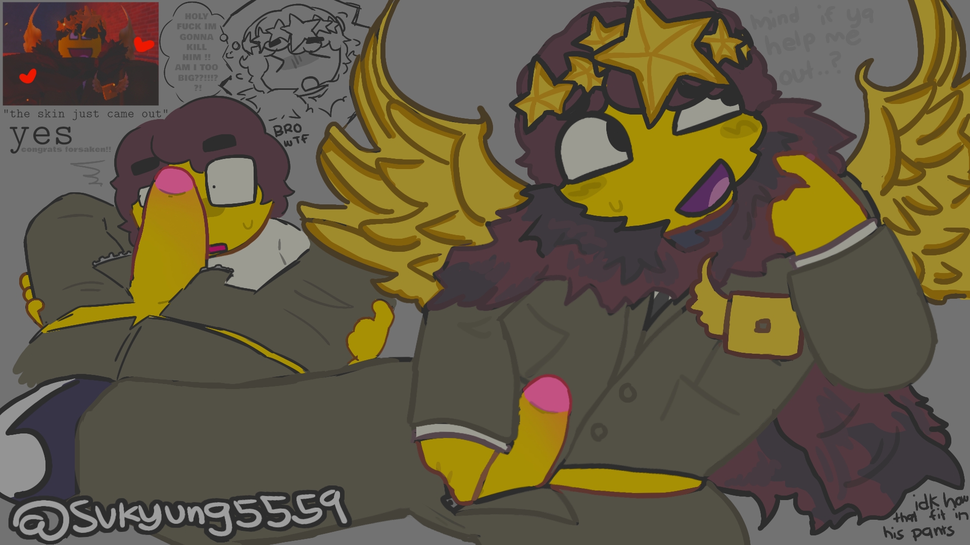 artist name, big penis, bloxy shedletsky, brown hair, embarrassed, forsaken (roblox), fur scarf, grey background, legs spread, looking away, male, male only, nervous, nervous smile, penis, penis on face, penis out, reference image, roblox, roblox game, robloxian, self upload, selfcest, shedcest, shedletsky, shedletsky (forsaken), shocked expression, shoes, solo male, suit, suit and tie, sukyung5559, text, toony face, unzipped, unzipped pants, unzipping pants, watermark, wings, wings on back, yellow skin