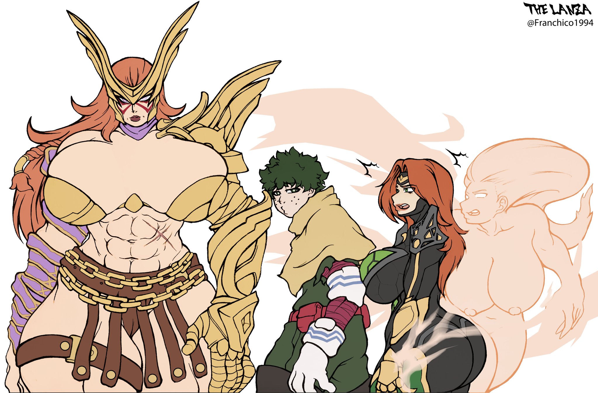 1boy, 2girls, abs, angela (aldrif odinsdottir), bikini armor, bodysuit, breasts, crossover, distracted boyfriend, eastern and western character, female, franchico1994, green hair, huge breasts, izuku midoriya, jean grey, jean grey (marvel rivals), male, marvel, marvel comics, marvel rivals, meme, meme reference, muscular, muscular female, my hero academia, phoenix (marvel rivals), phoenix (x-men), red hair, revealing clothes, standing, thor (series), walking, x-men