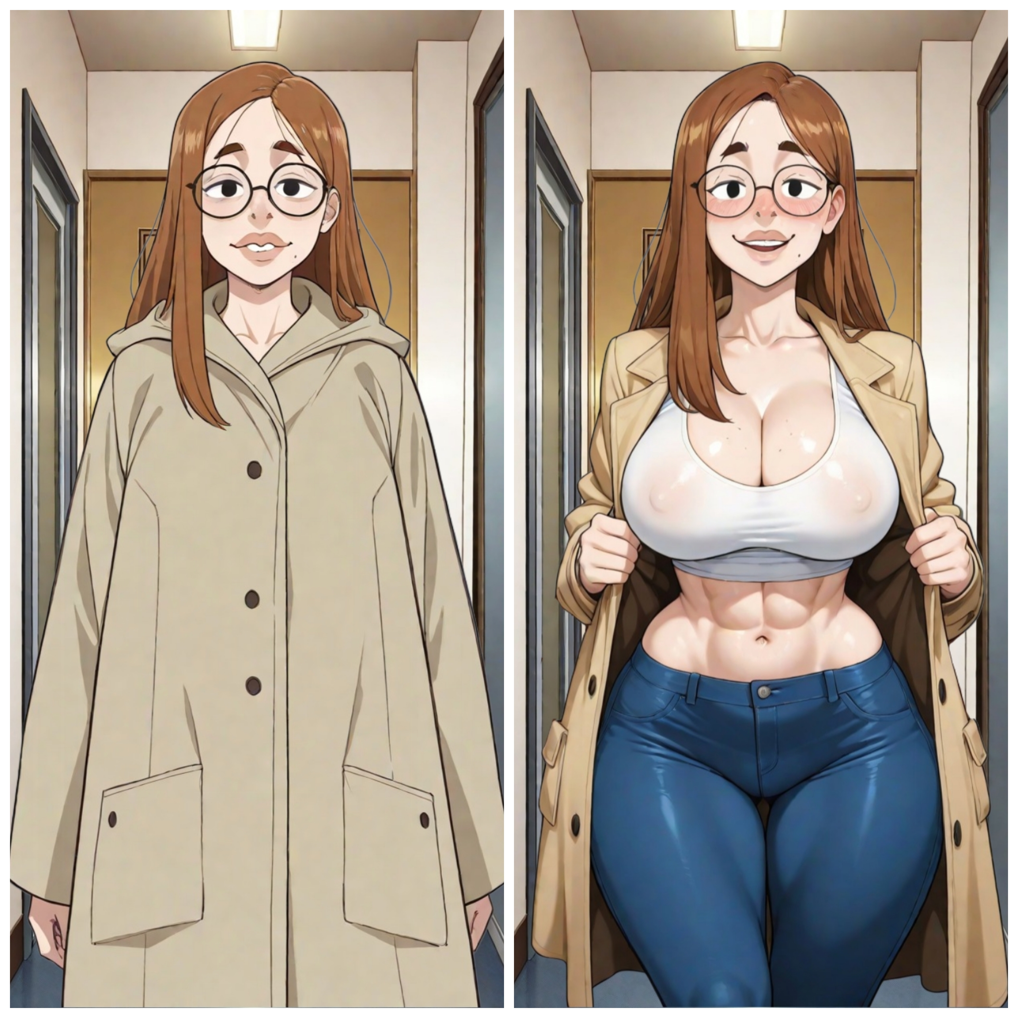 abs, ai assisted, ai generated, big breasts, big lips, big nose, big teeth, breasts, bushy eyebrows, coat, coat open, crop top, curvaceous, curvy, curvy female, curvy figure, dork, dorky girl, female, freckles on breasts, glasses, huge breasts, messy hair, mole under mouth, nerd, nipples visible through clothing, overcoat, revealing breasts, sexy body, surprise, thick glasses, tight pants, wide hips