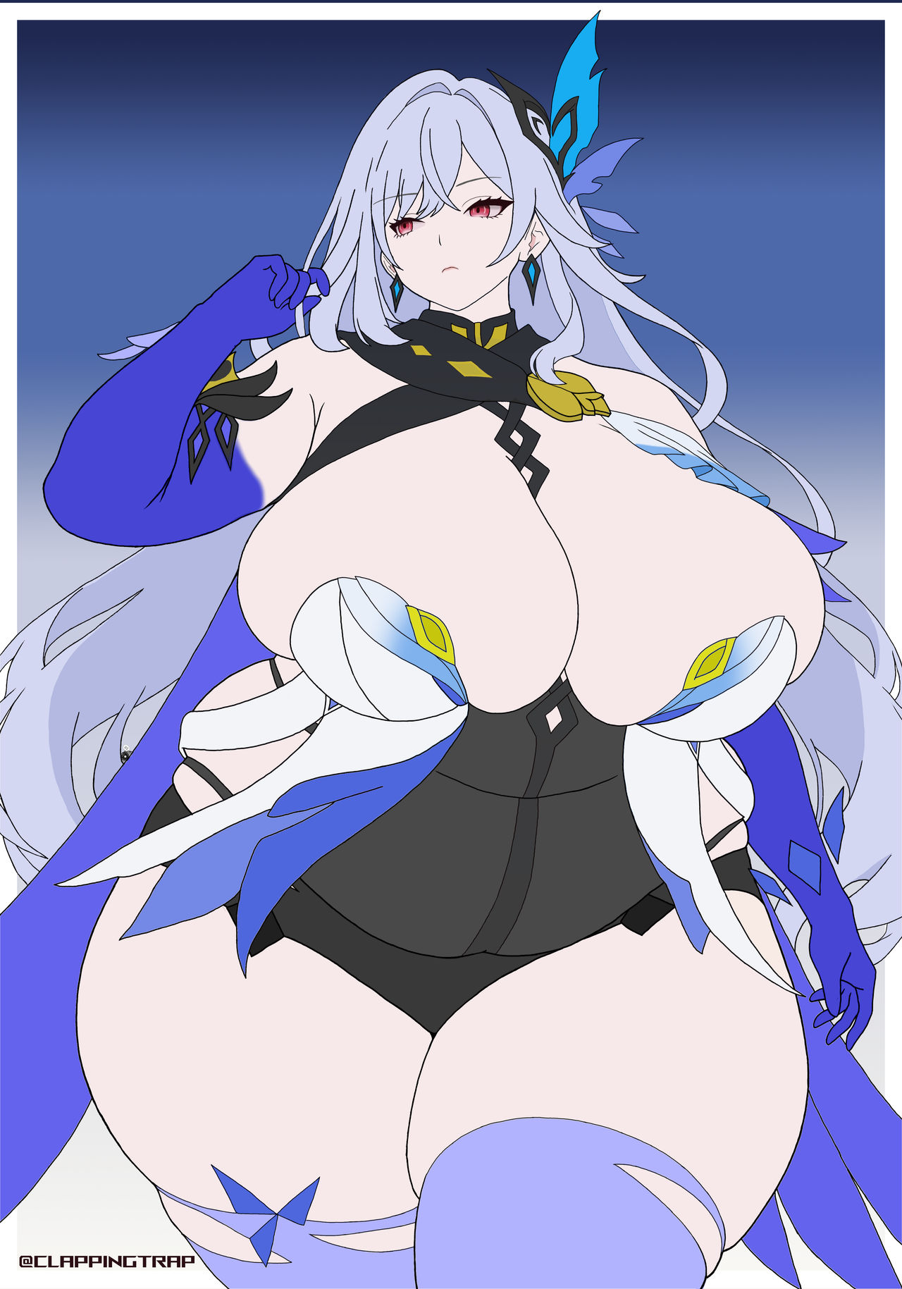 1girls, bbw, breasts, bursting breasts, chubby, chubby female, clappingtrap, fat, fat female, female, female only, genshin impact, gigantic breasts, huge breasts, overflowing breasts, overweight, overweight female, skindentation, skirk (genshin impact), solo, solo female, standing, thick thighs, weight gain, weight gain female, wide hips