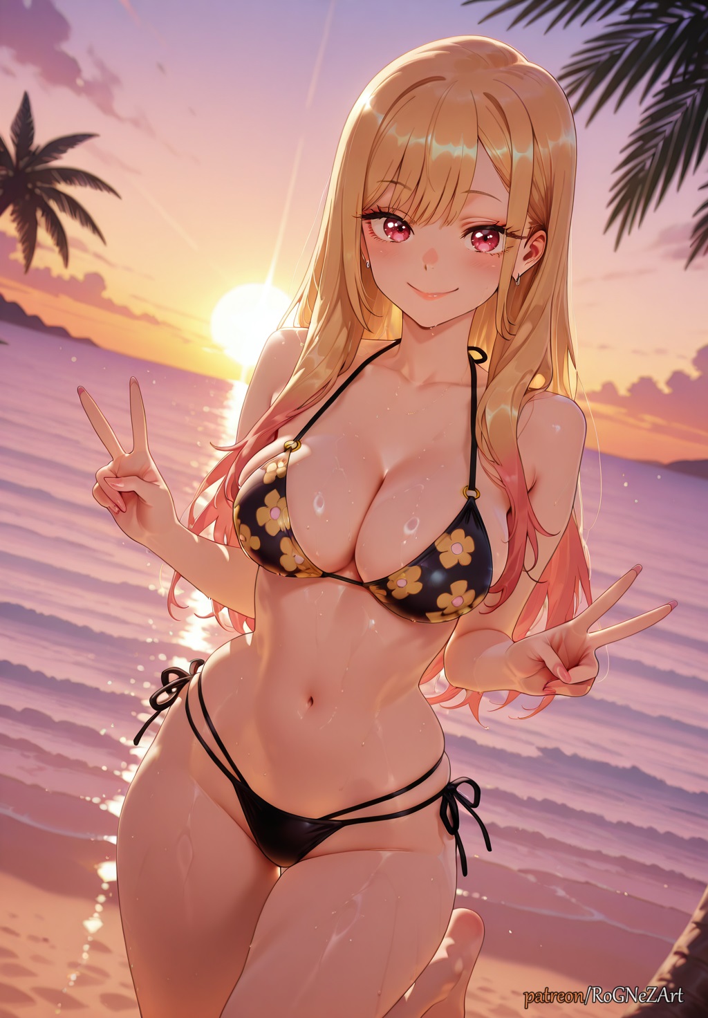 2025, ai generated, anime, bangs, beach, bikini, black bikini, blonde hair, blush, breasts, cleavage, closed mouth, cloud, collarbone, crossover, double v, dutch angle, ear piercing, earrings, evening, female, female focus, female only, floral print, halterneck, highres, horizon, jewelry, kitagawa marin, kuroe shizuku, large breasts, long hair, looking at viewer, marin kitagawa, multi-strapped bikini, multicolored hair, my dress up darling, nail polish, navel, ocean, orange sky, outdoors, palm tree, patreon, piercing, pink nails, print bikini, red eyes, rognezart, side-tie bikini bottom, sky, smile, solo, sono bisque doll wa koi wo suru, standing, standing on one leg, string bikini, sunset, swimsuit, tree, twilight, v, water, wet