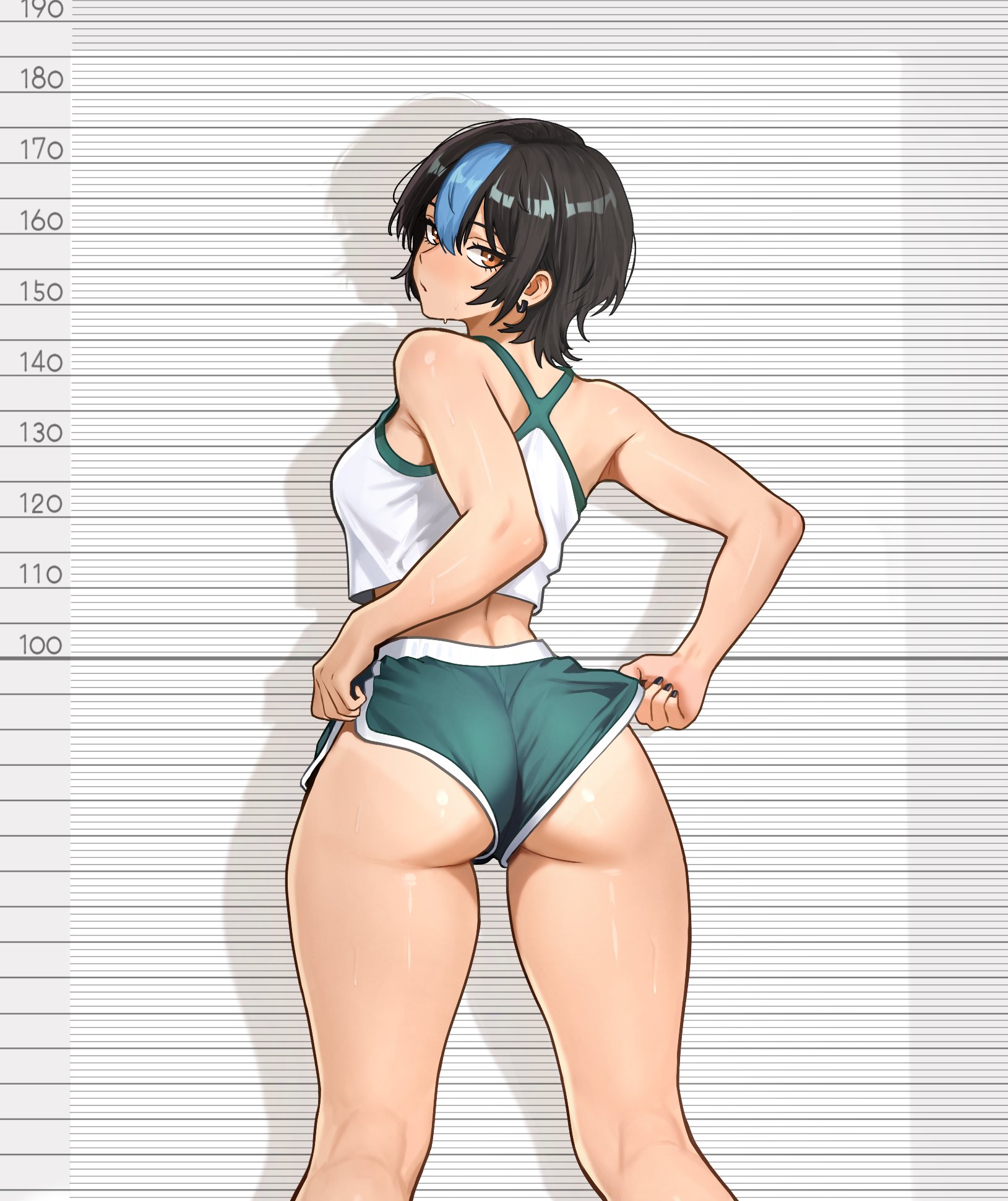 female, looking at viewer, looking back, nihu, original character, short hair, shorts, sweat, sweatdrop, sweating, sweaty, sweaty body, thick thighs, thighs, thin waist, tomboy