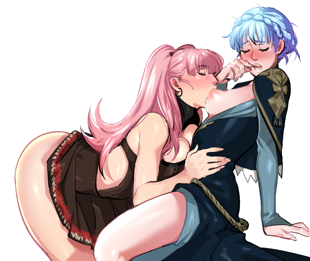 2girls, blue hair, blush, boobs out, breast sucking, breasts, clothing, dress, female, female focus, female only, female/female, fire emblem, fire emblem: three houses, hilda valentine goneril, kukumomo, lesbian, lesbian sex, lesbians, marianne von edmund, no penetration, pink hair, sex, sucking nipple, woman only, yuri