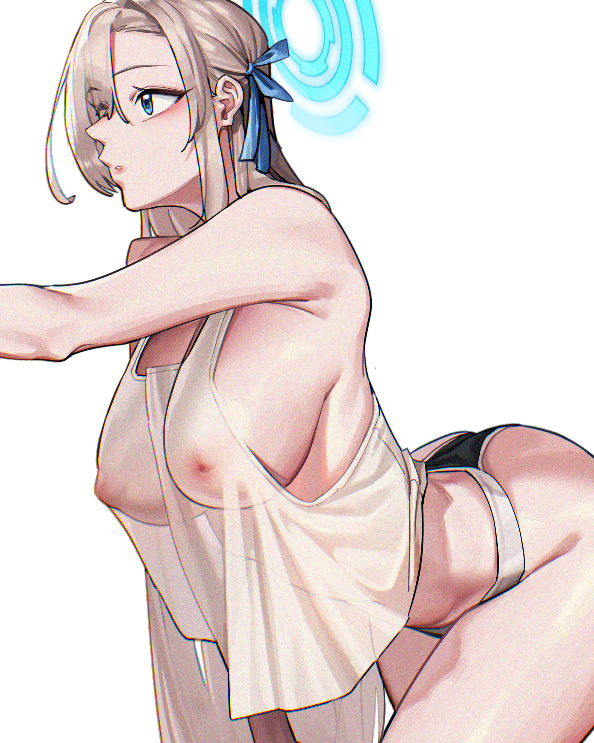 absurdres, asuna (blue archive), bare shoulders, black panties, blonde hair, blue archive, blue eyes, blue halo, breasts, cleavage, covered nipples, female, groin, hair over one eye, hair ribbon, halo, highres, large breasts, long hair, mikan cha (mikan62), navel, panties, parted lips, ribbon, see-through clothes, see-through shirt, shirt, solo, thighs, underwear, white shirt