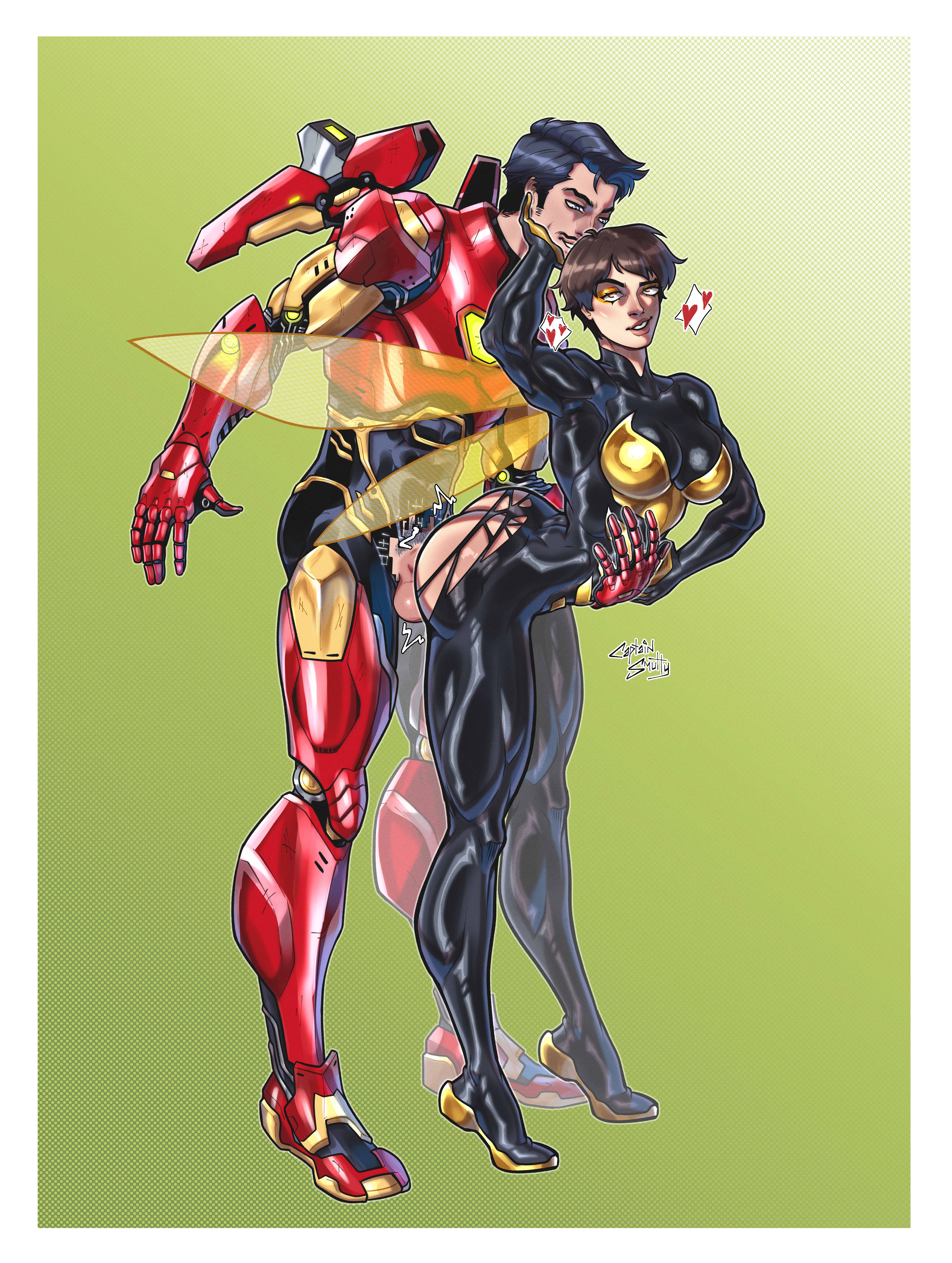 avengers, captainsmutty, female, female penetrated, heart symbol, heterosexual, implied penetration, iron man, janet van dyne, male, marvel, marvel comics, pale-skinned female, standing sex, tippy toes, tony stark, wasp (marvel)