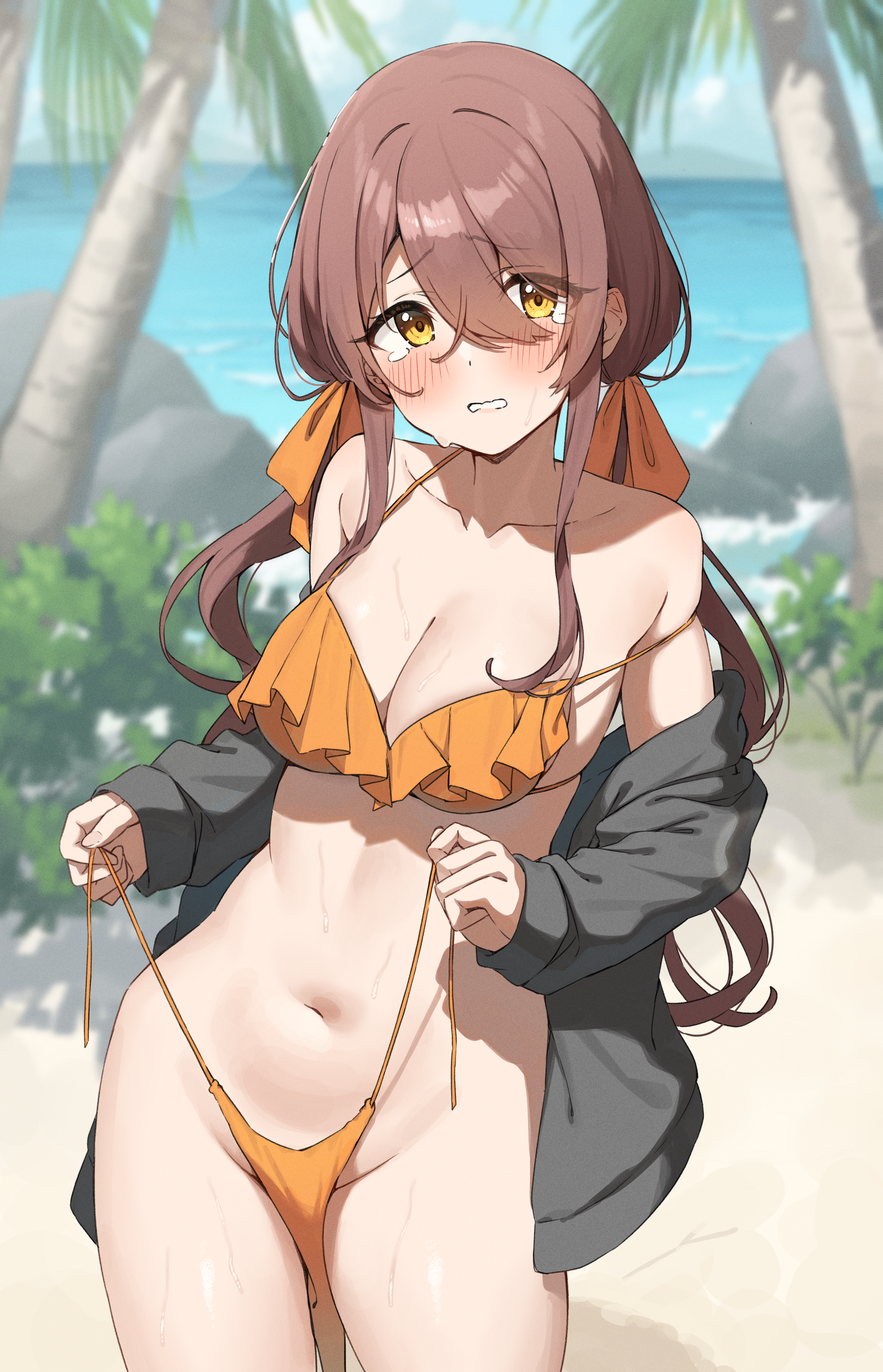 absurdres, alternate costume, alternate hairstyle, bare shoulders, bikini, black jacket, blurry, blurry background, blush, breasts, brown hair, cleavage, collarbone, female, groin, hair between eyes, hair ribbon, highres, idolmaster, idolmaster shiny colors, jacket, jacket partially removed, looking at viewer, medium breasts, navel, open clothes, orange bikini, osaki tenka, outdoors, palm tree, ribbon, solo, stomach, swimsuit, tearing up, tears, tree, twintails, untied bikini, wanimaru