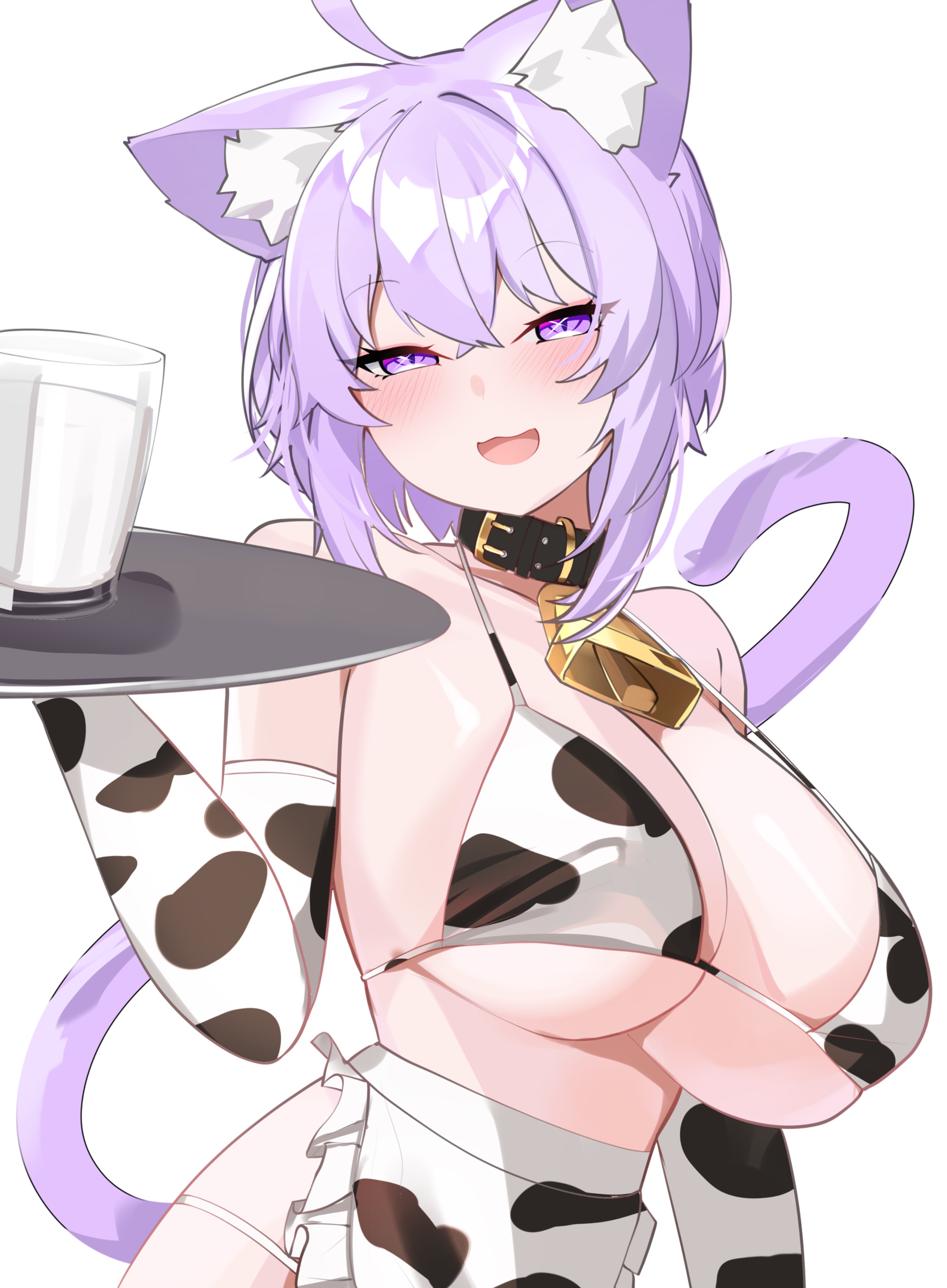 :3, :3d, :d, apron only, blush, breasts, cat girl, cow print, cow print bikini, cup, female, half-closed eyes, hololive, hololive gamers, hololive japan, large breasts, milk, naughty face, navel, nekomata okayu, serving tray, virtual youtuber