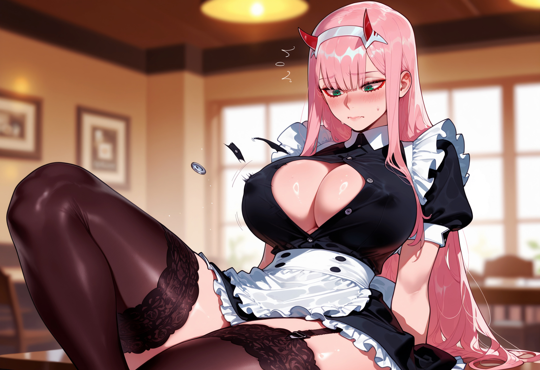 1girls, ai generated, alternate costume, apron, aqua eyes, arm support, balecxi, bangs, black dress, black legwear, black thighhighs, blunt bangs, blush, breasts, brown thighhighs, bursting breasts, button gap, buttons, chair, cleavage, closed mouth, clothing, covered nipples, curvaceous, curvaceous female, curvaceous figure, curvy, curvy figure, darling in the franxx, dress, enmaided, eyeliner, eyeshadow, female, female focus, female only, flying button, flying sweatdrops, frilled apron, frilled dress, frilled skirt, frills, garter straps, green eyes, hairband, headdress, headwear, horns, indoors, inviting, knee up, lace trim, lace-trimmed legwear, large breasts, legwear, long hair, looking down, maid, maid apron, maid headdress, maid uniform, makeup, on table, partially unbuttoned, picture frame, pink hair, popped button, presenting, presenting ass, presenting breasts, presenting hindquarters, presenting self, puffy short sleeves, puffy sleeves, red horns, seductive, seductive look, seductive smile, short dress, short sleeves, sidelocks, sitting, sitting on table, solo, straight hair, sweat, sweatdrop, table, thighhighs, thighs, unbuttoned, uniform, very long hair, voluptuous, voluptuous female, waist apron, wardrobe malfunction, white apron, white hairband, window, zero two (darling in the franxx)