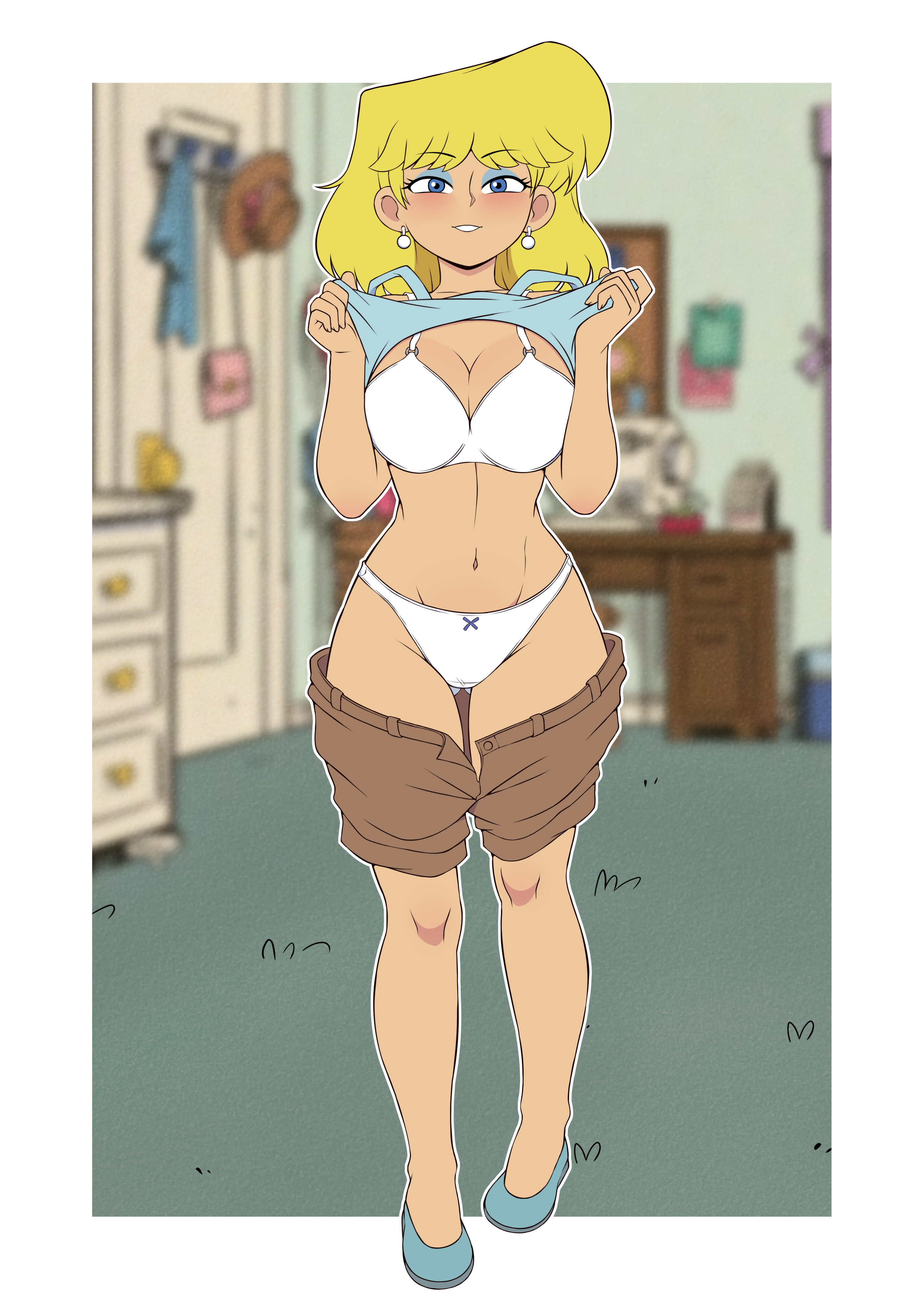 bedroom, blonde female, blonde hair, blue eyes, blue eyeshadow, blush, bra, breasts, earrings, female, female focus, female only, front view, light skin, light-skinned female, looking at viewer, lori loud, morfinared, nickelodeon, panties, shoes, short hair, shorts, shorts down, smile, tank top, tank top lift, teenage female, teenager, the loud house, undressing
