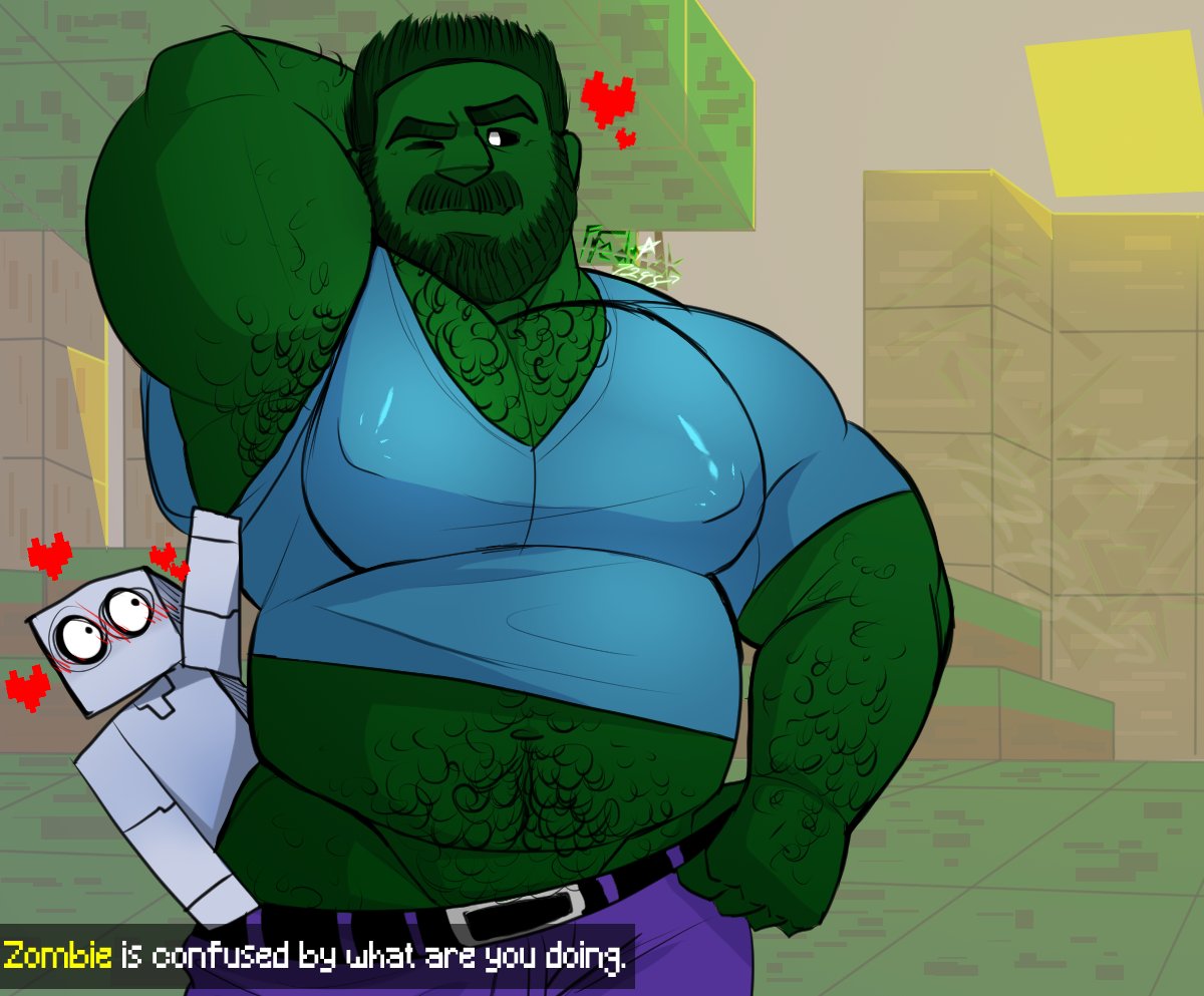 bara, clothed, clothed male, dark skin, fat, fat male, fredrick7298, gay, hairy, hairy male, male, minecraft, tagme, yaoi, zombie, zombie (minecraft), zombie boy
