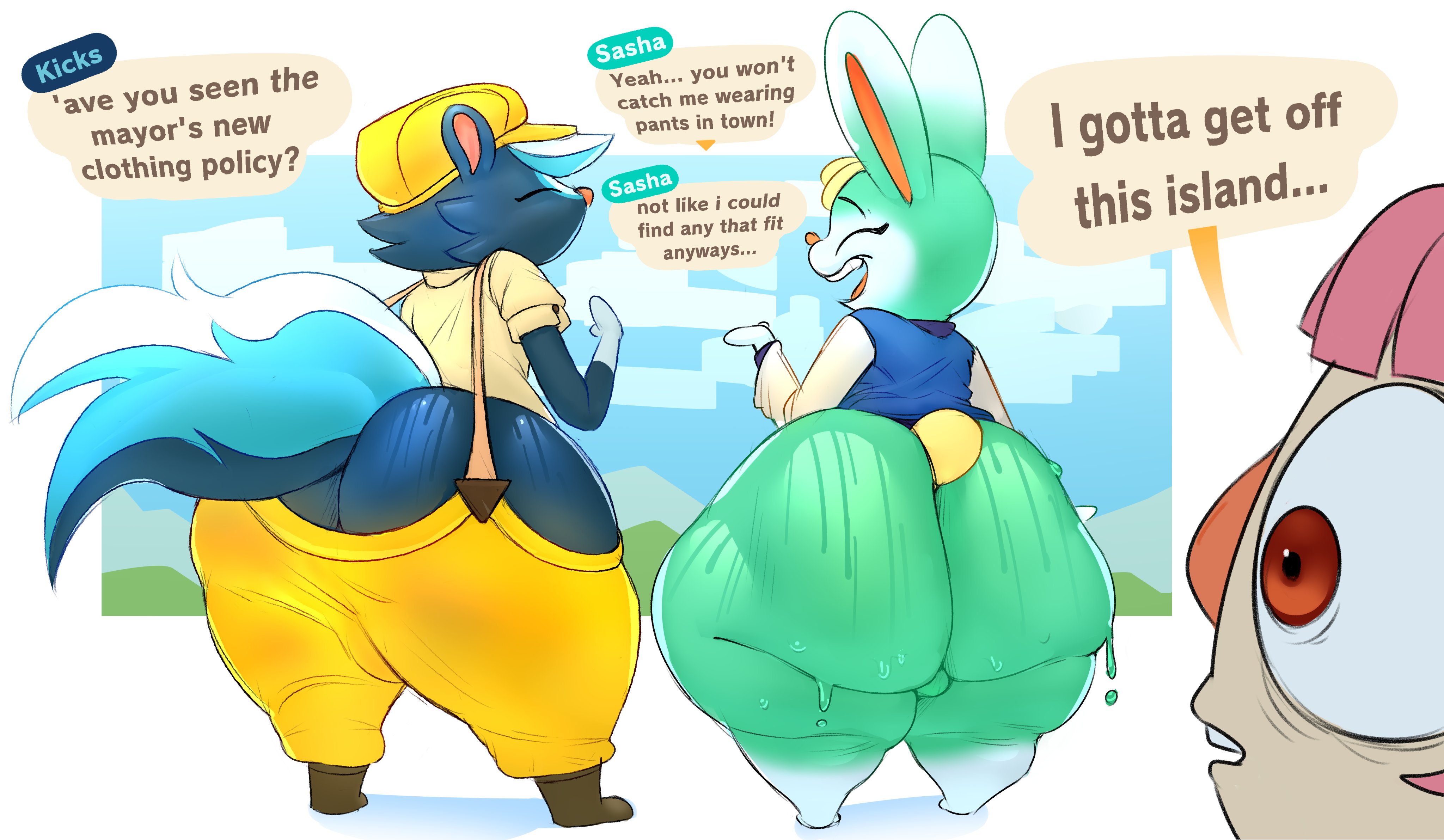 2boys, 2d, ambiguous gender, animal crossing, ass, ass focus, balls, ballsack, big ass, big butt, bulge, bunny, closed eyes, clothing, english text, fat ass, fat butt, femboy, furry, furry male, girly, hat, headwear, huge ass, huge butt, humanoid, iamapoliceman, kicks (animal crossing), lagomorph, male, male focus, nintendo, no sex, nonhuman, overalls, overalls only, rabbit, sasha (animal crossing), skunk, skunk tail, standing, swamp ass, sweat, sweaty, sweaty ass, sweaty butt, tail, talking to another, text, thick thighs, villager (animal crossing)