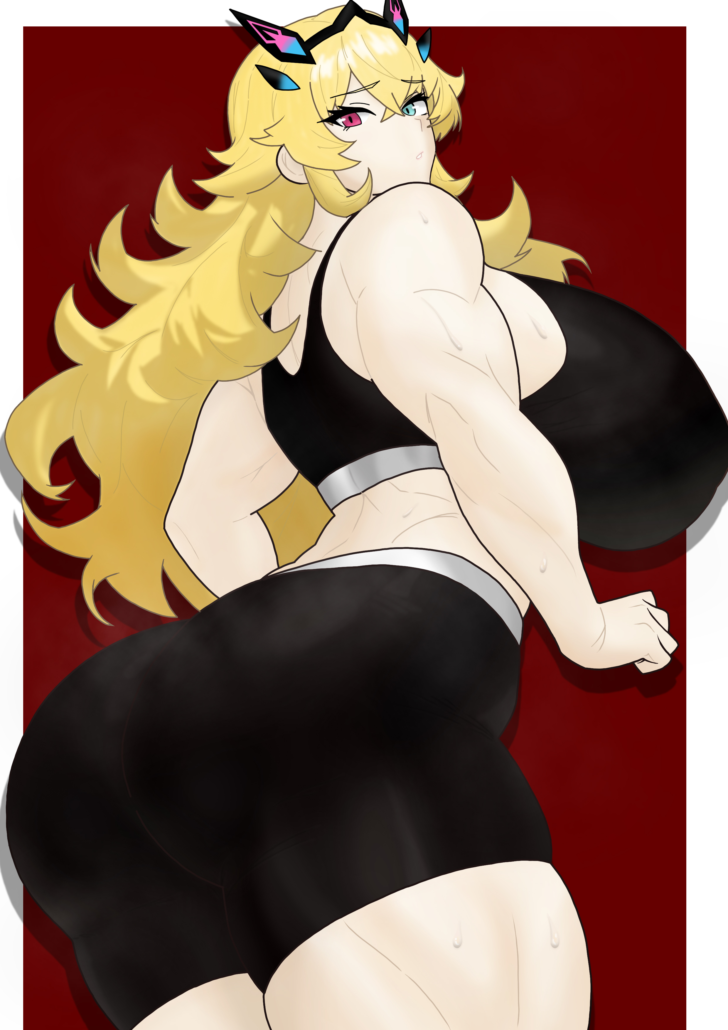 1girls, ass, barghest (gawain) (fate), big ass, big breasts, black shorts, blonde hair, blue eyes, blush, bottomwear, breasts, bubble ass, bubble butt, clothing, fate (series), fate/grand order, female, female only, hair, heterochromia, huge ass, huge breasts, large breasts, light-skinned female, long hair, looking back, muscular, muscular female, pink eyes, shorts, solo, solo female, sports bra, sports uniform, sportswear, steam, steamy, sweat, sweatdrop, sweaty, thighs, topwear, yom4 e