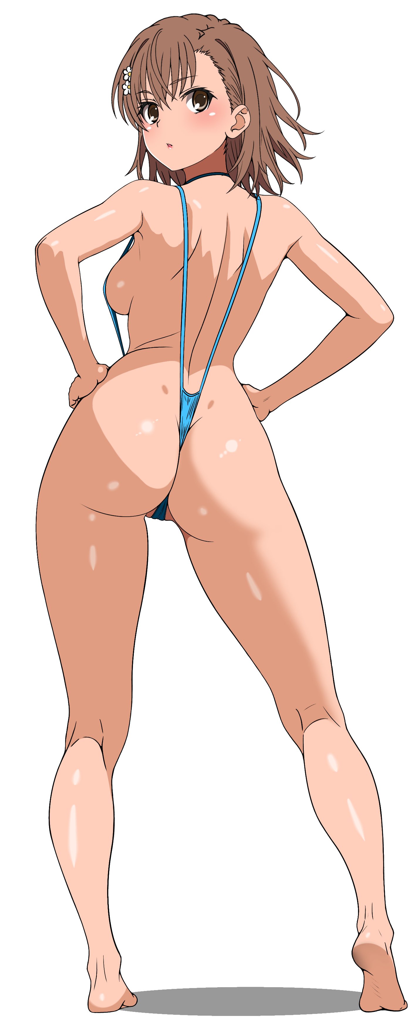 1girls, absurdres, ass, ass focus, asymmetrical bangs, backboob, big ass, big breasts, blue slingshot swimsuit, breasts, brown eyes, brown hair, bubble butt, busty, female, from behind, frozen gingasan, full body, hair ornament, hairpin, hands on hips, highres, kneepits, large breasts, legs, looking at viewer, looking back, medium hair, misaka mikoto, open mouth, pink lipstick, pose, posing, revealing clothes, sensual, sexy, sexy pose, shiny skin, sideboob, sling bikini, slingshot swimsuit, swimsuit, thighs, to aru kagaku no railgun, to aru majutsu no index, white background