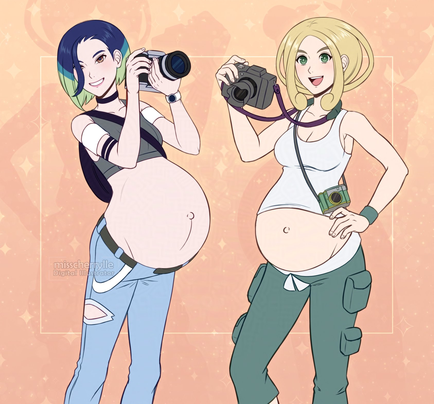 2girls, 2pregnancy, blonde hair, blue hair, brown eyes, double pregnancy, duo, enjoying pregnancy, female, game freak, green eyes, gym leader, misscherrylle, multiple females, multiple girls, multiple pregnancies, nintendo, perrin (pokemon), pokegirl, pokemon, pokemon sv, pokemon xy, pregnant, pregnant belly, pregnant female, viola (pokemon)
