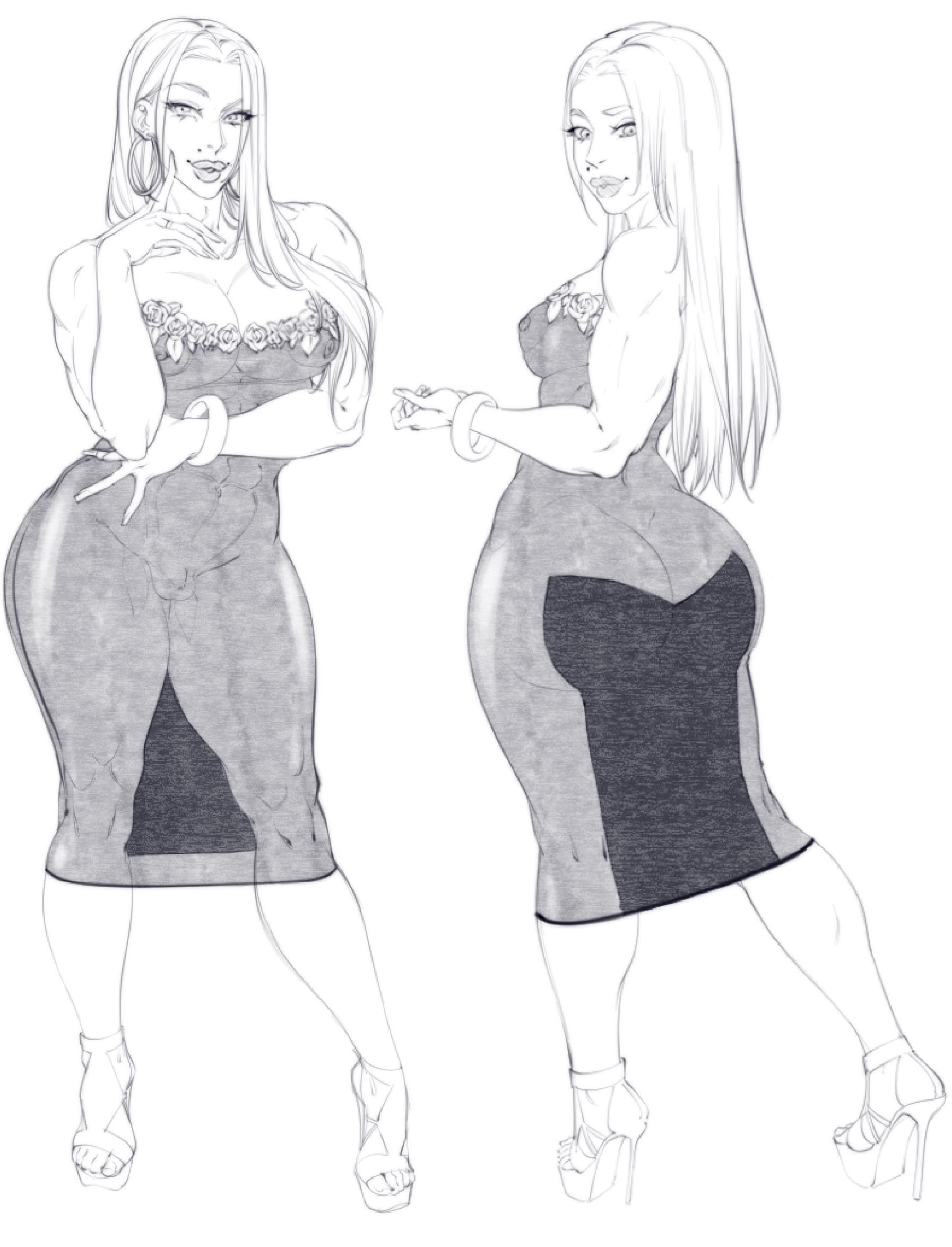 1boy, 2d, ambush (trap), clitty, crossdressing, dilf, dress, earrings, femboy, femboy dilf, high heels, hoop earrings, long hair, makeup, male, male only, mature, mature male, micropenis, monochrome, multiple angles, open toe heels, open toe shoes, original, pecs, penis, small penis, solo, suiren ciao, trap