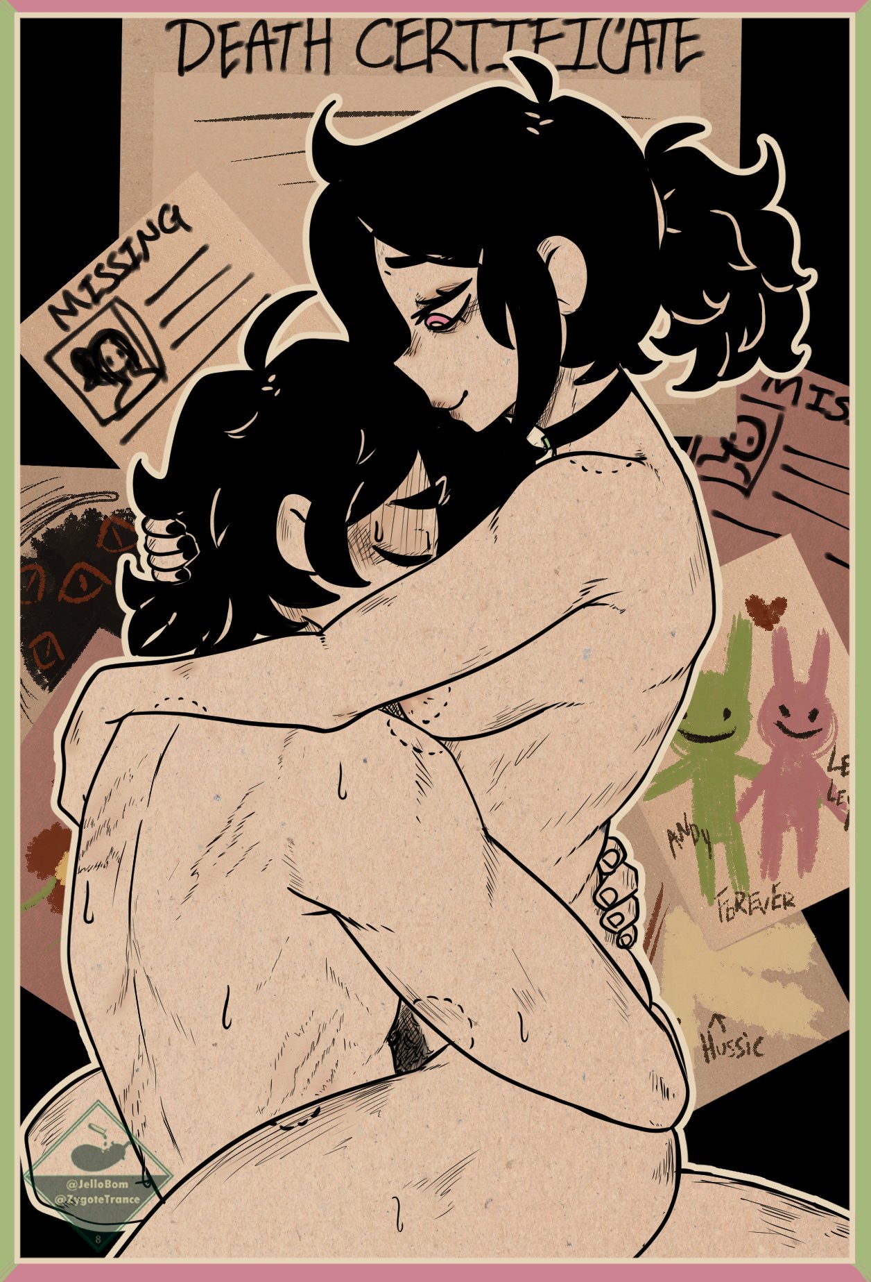 1boy, 1girls, 2d, alternate version available, andrew graves, ashley graves, bite mark, bite marks, black hair, breasts, brother and sister, choker, closed eyes, couple, embrace, embracing, english text, face in breasts, female, female on top, hug, hugging, implied penetration, incest, jellobom, male, nude, passionate, pink eyes, ponytail, pubic hair, pussy, romantic, scratch marks, scratches, sex, siblings, sitting on lap, sitting on person, the coffin of andy and leyley, vaginal penetration, vaginal sex