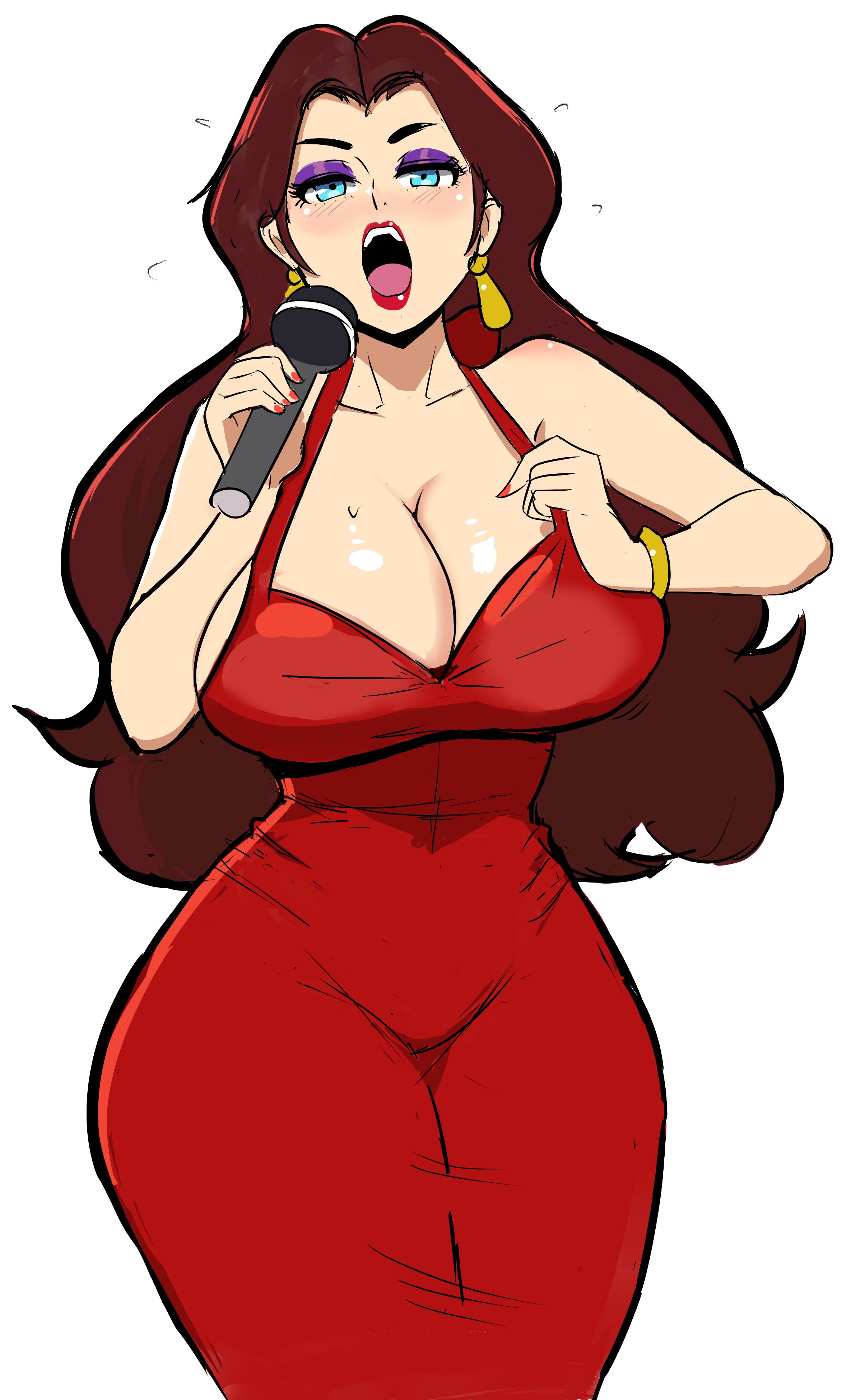 1girls, bare shoulders, big breasts, blue eyes, blush, bracelet, breasts, brown hair, cleavage, dress, earrings, eyeshadow, female, jewelry, large breasts, lipstick, long brown hair, long dress, long hair, makeup, mario (series), microphone, nintendo, open mouth, pauline, purple eyeshadow, red dress, red lipstick, red nails, shock and roll, singing, sleeveless, sleeveless dress, solo, sweat, tongue
