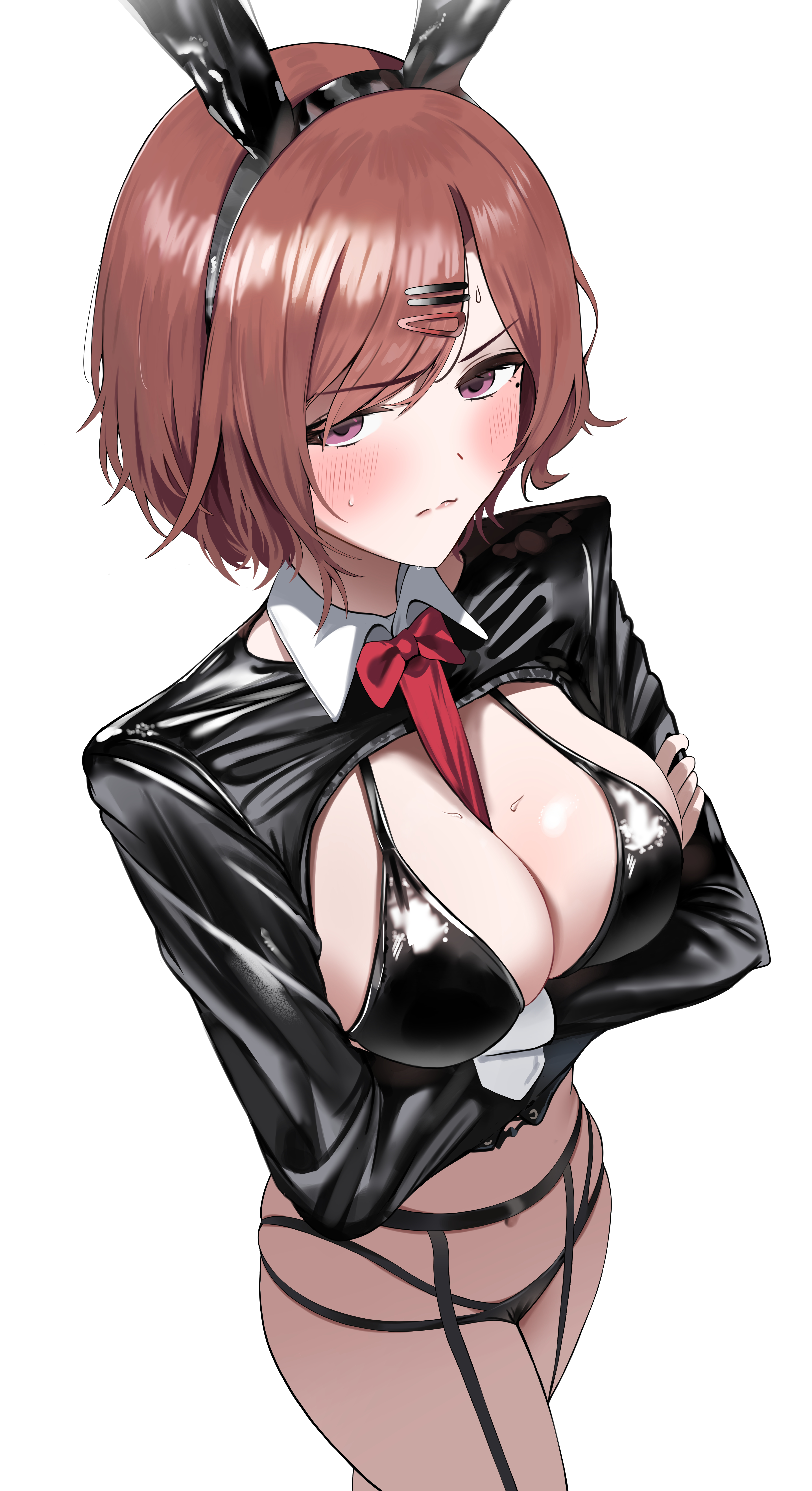 alternate costume, arms under breasts, belly button, big breasts, bikini, black bikini, black jacket, blush, breasts, brown hair, bunny ears, bunnysuit, cleavage, cleavage cutout, cropped jacket, crossed arms, female, higuchi madoka, idolmaster, idolmaster shiny colors, jacket, long sleeves, mole, mole under eye, pantyhose, pdal (pdalhhh), purple eyes, short hair, sweatdrop