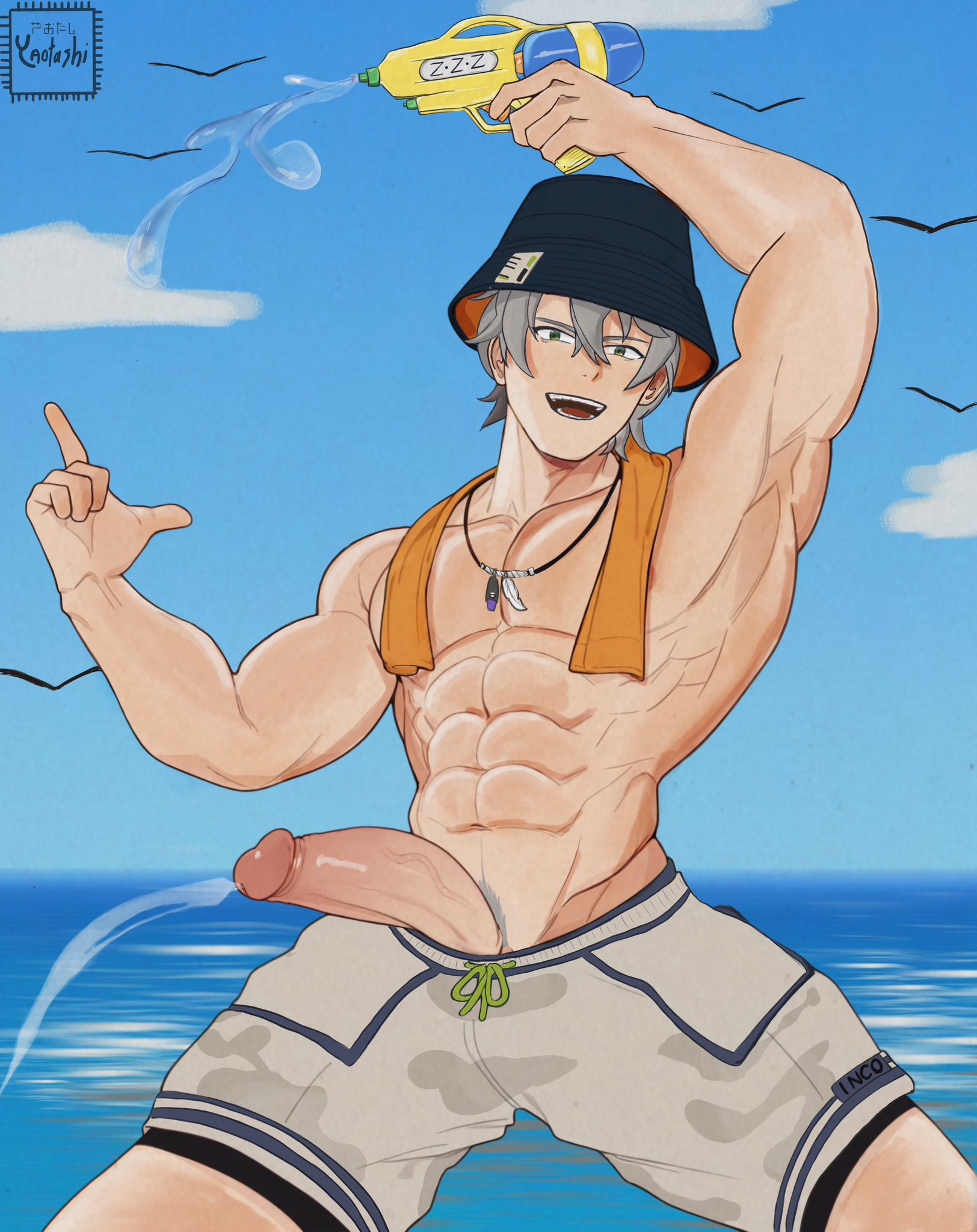 1boy, abs, alternate costume, bara, beach, bucket hat, cum, cumming, erection, green eyes, grey hair, hair between eyes, hat, jewelry, large pectorals, looking at viewer, male, male focus, male only, male pubic hair, male swimwear, muscular, navel, nipples, official alternate costume, open mouth, outdoors, pectorals, penis, pubic hair, sea, short hair, shorts, sky, smile, solo, summer, thick, thighs, uncensored, veins, veiny penis, water, water gun, wise (peaceful waves) (zenless zone zero), wise (zenless zone zero), yaoi, yaotashi, zenless zone zero