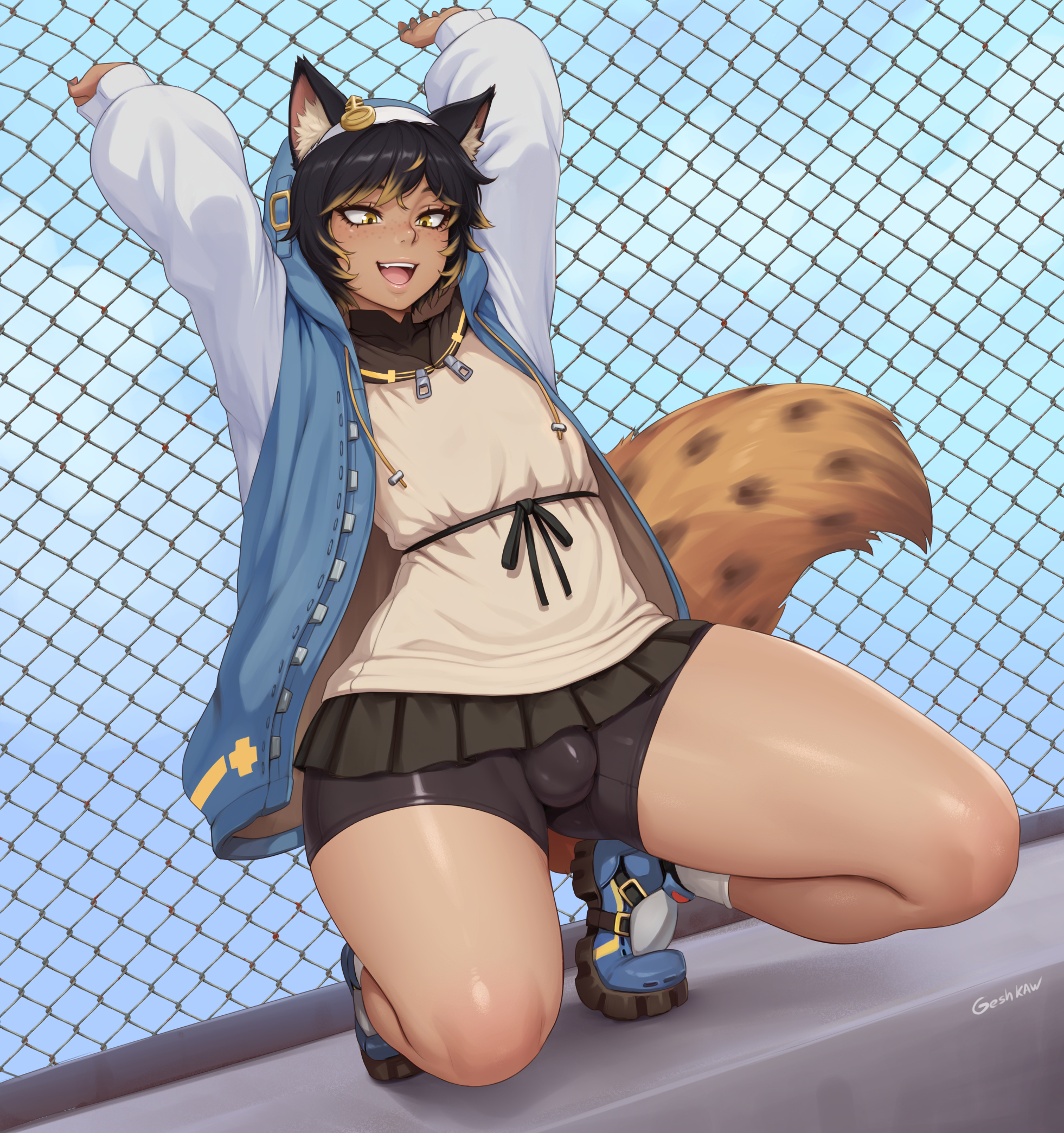 1boy, 2025, arms up, black hair, bridget (cosplay), bulge, clothing, commission, cosplay, crouching, femboy, freckles, furry tail, geshtar, girly, guilty gear, guilty gear strive, hi res, highlights (coloring), hoodie, hyena boy, hyena ears, hyena tail, male, male only, open mouth, ronnie (garudanetsurume), shorts, smile, solo, spotted tail, tail, thick thighs, yellow eyes, yellow highlights